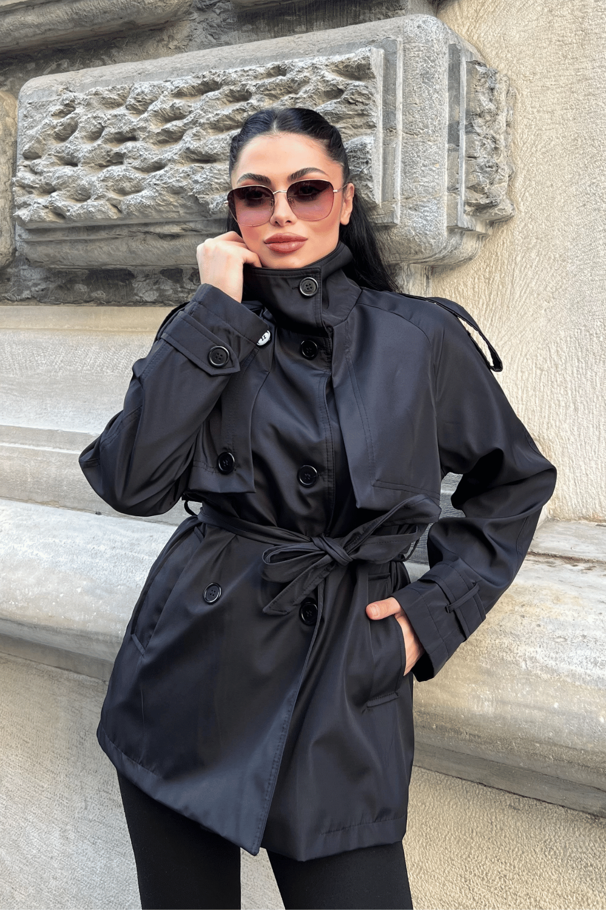 Bondit Kumaş Kısa Trençkot - ANTRASİT