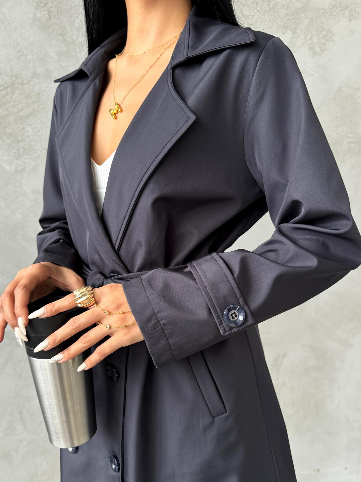 Bondit Kumaş Önü Düğmeli Trençkot - ANTRASİT