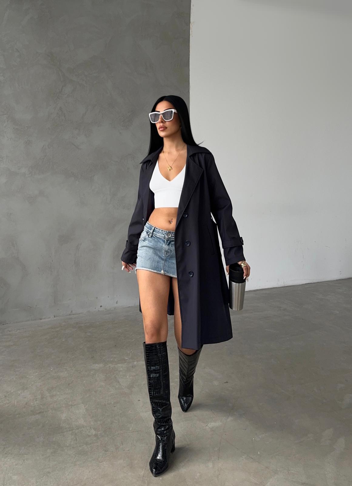 Bondit Kumaş Önü Düğmeli Trençkot - ANTRASİT