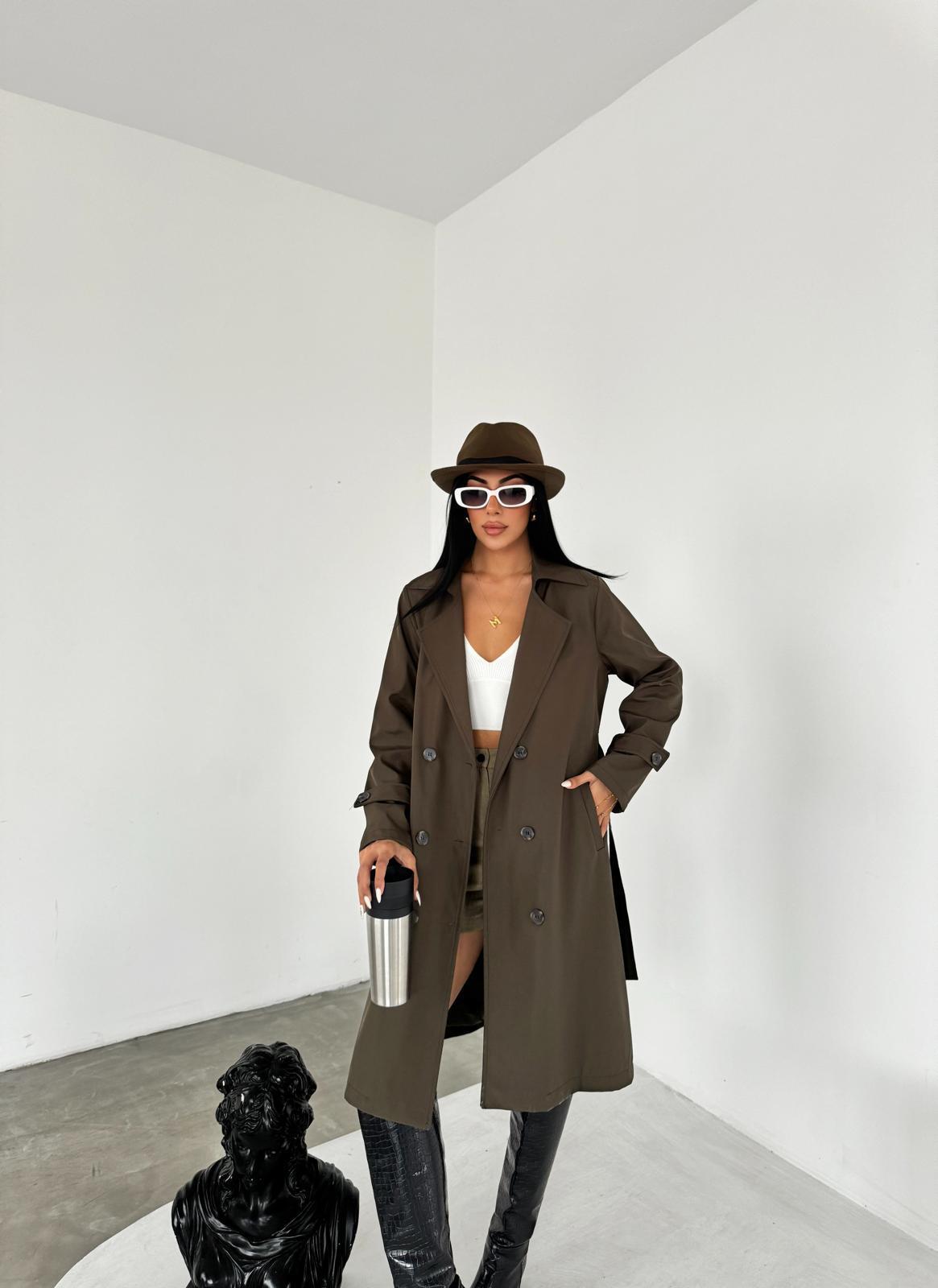 Bondit Kumaş Önü Düğmeli Trençkot - HAKİ YEŞİLİ