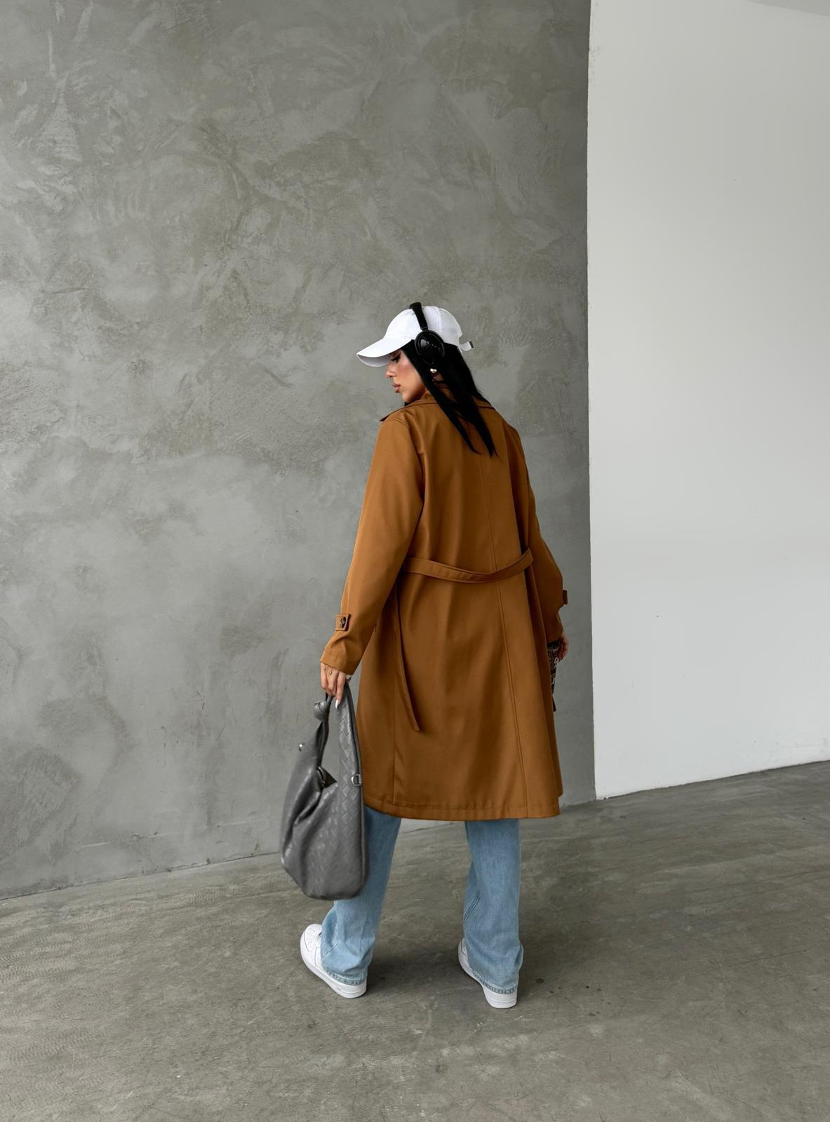 Bondit Kumaş Önü Düğmeli Trençkot - KAHVERENGİ