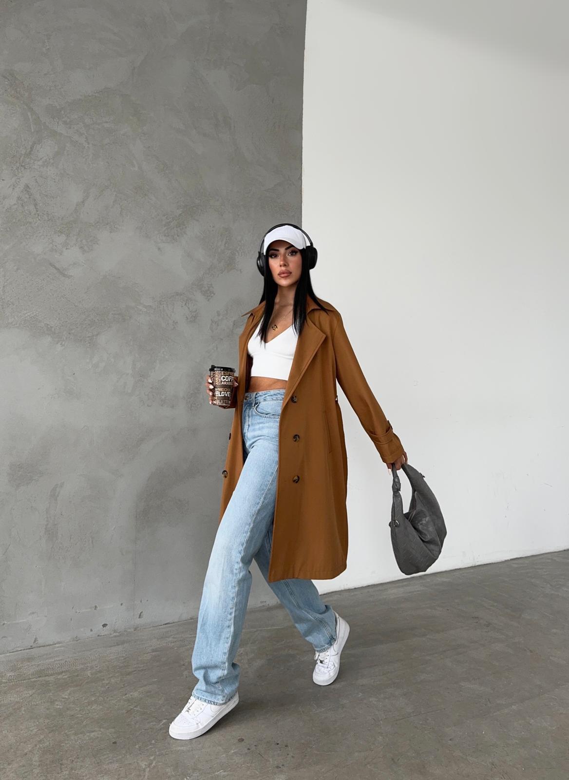 Bondit Kumaş Önü Düğmeli Trençkot - KAHVERENGİ