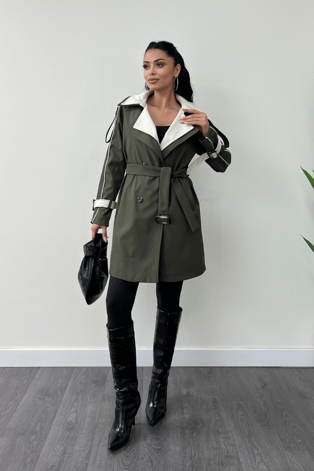 Bondit Kumaş Tasarım Trençkot - HAKİ YEŞİLİ