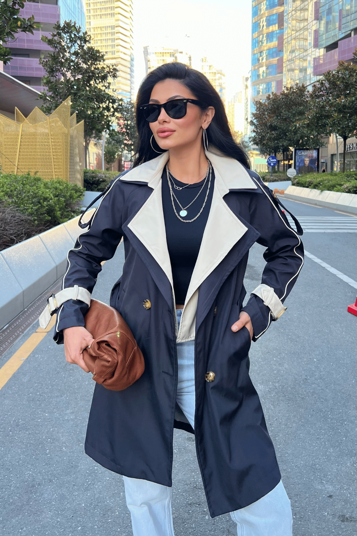 Bondit Kumaş Tasarım Trençkot - LACİVERT