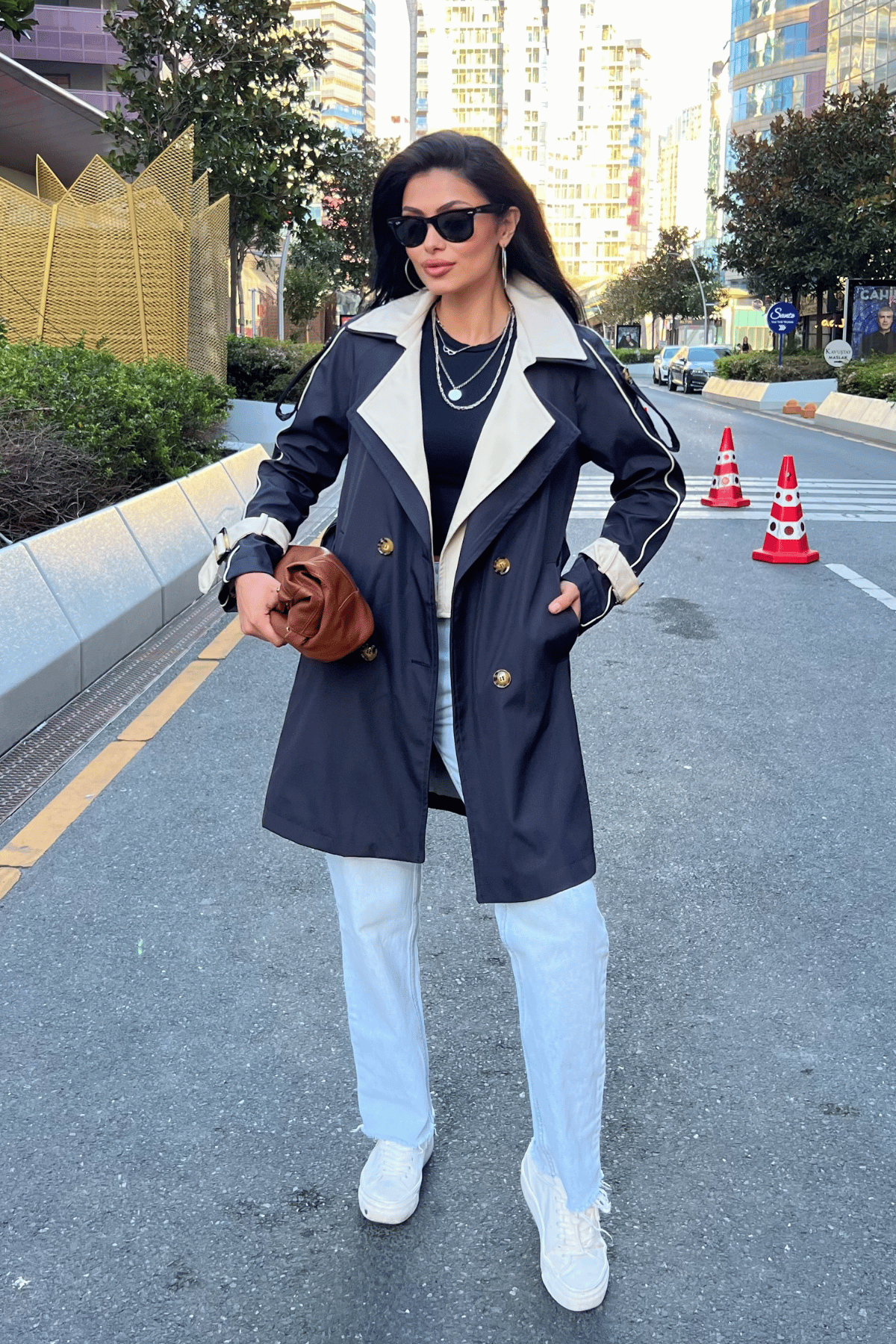 Bondit Kumaş Tasarım Trençkot - LACİVERT