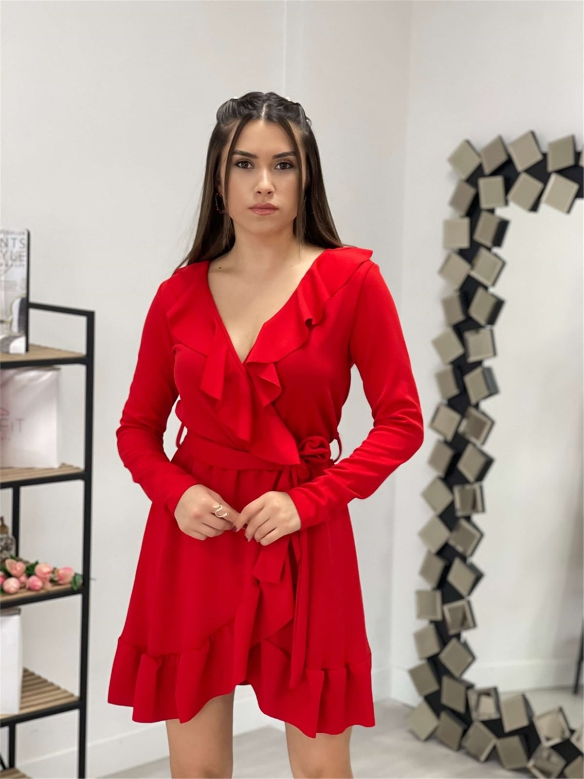 Crepe Fabric Ruffled Mini Dress - Red