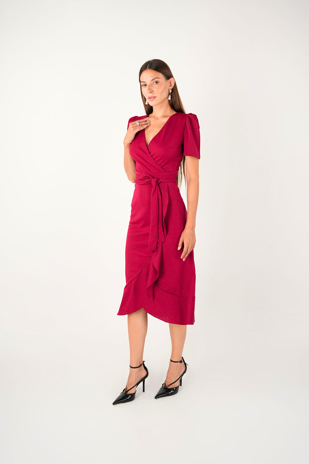 Crepe Fabric Midi Dress Burgundy