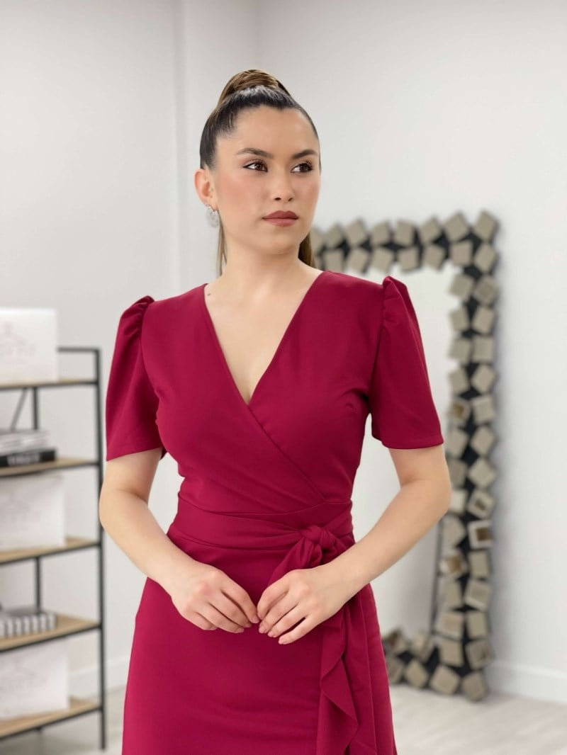 Crep Kumaş Midi Elbise  - BORDO