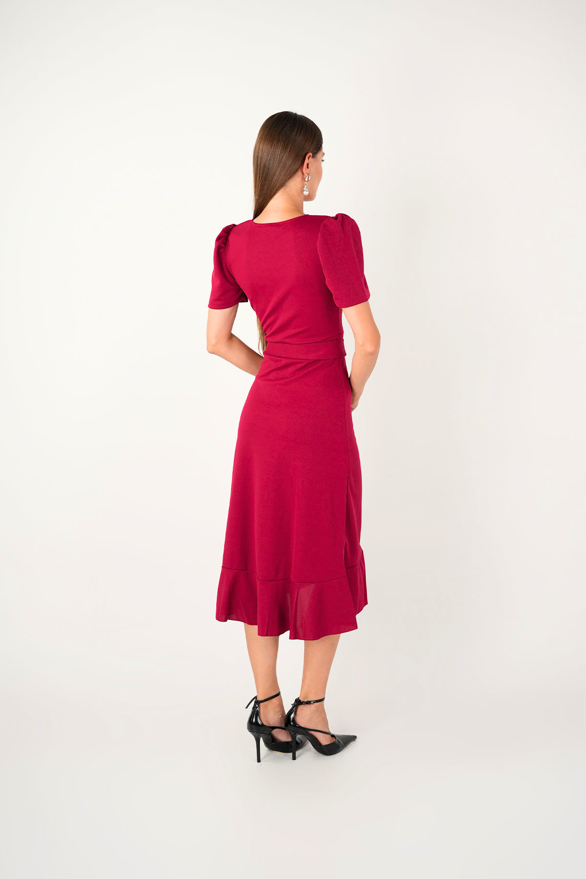 Crepe Fabric Midi Dress Burgundy