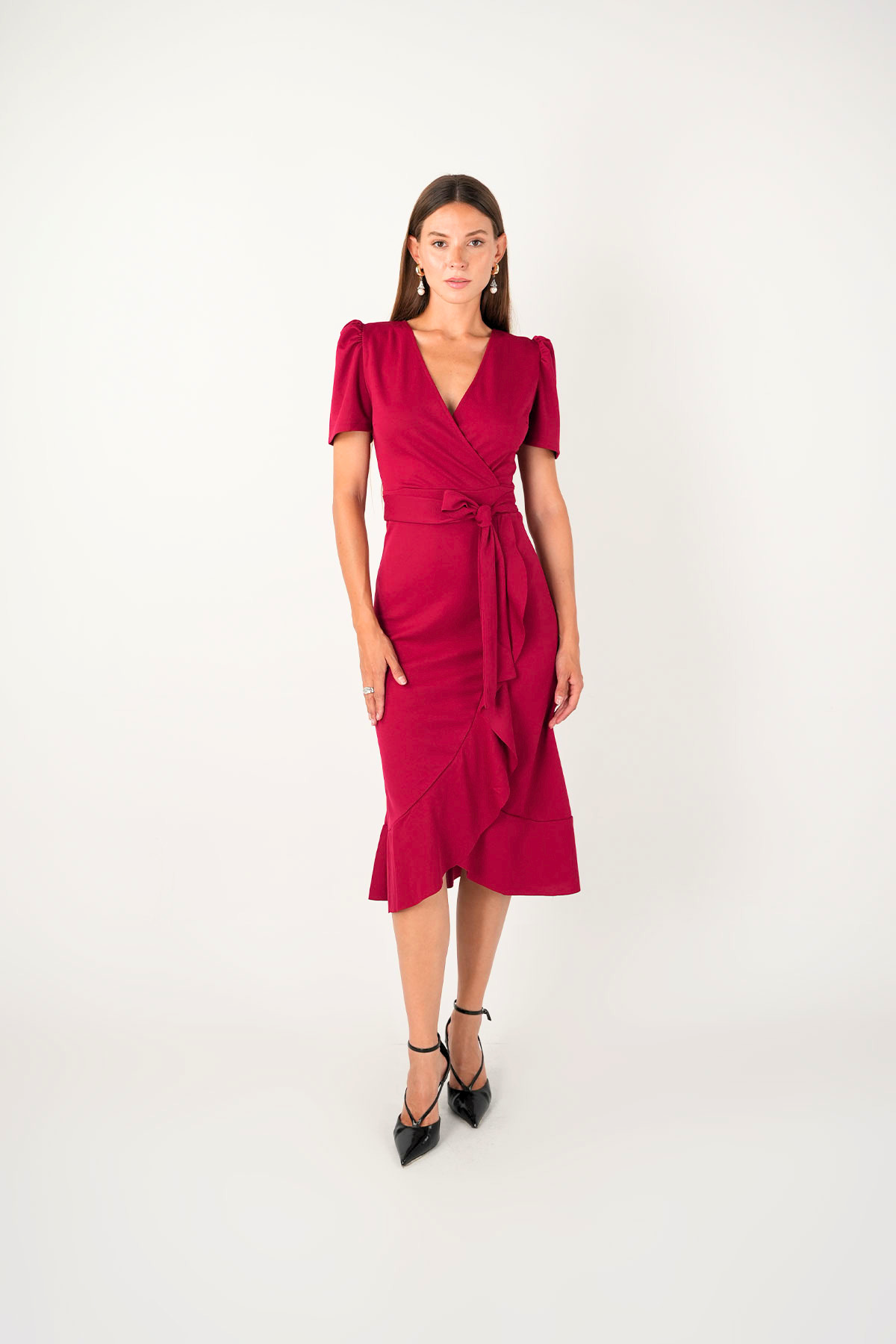 Crepe Fabric Midi Dress Burgundy