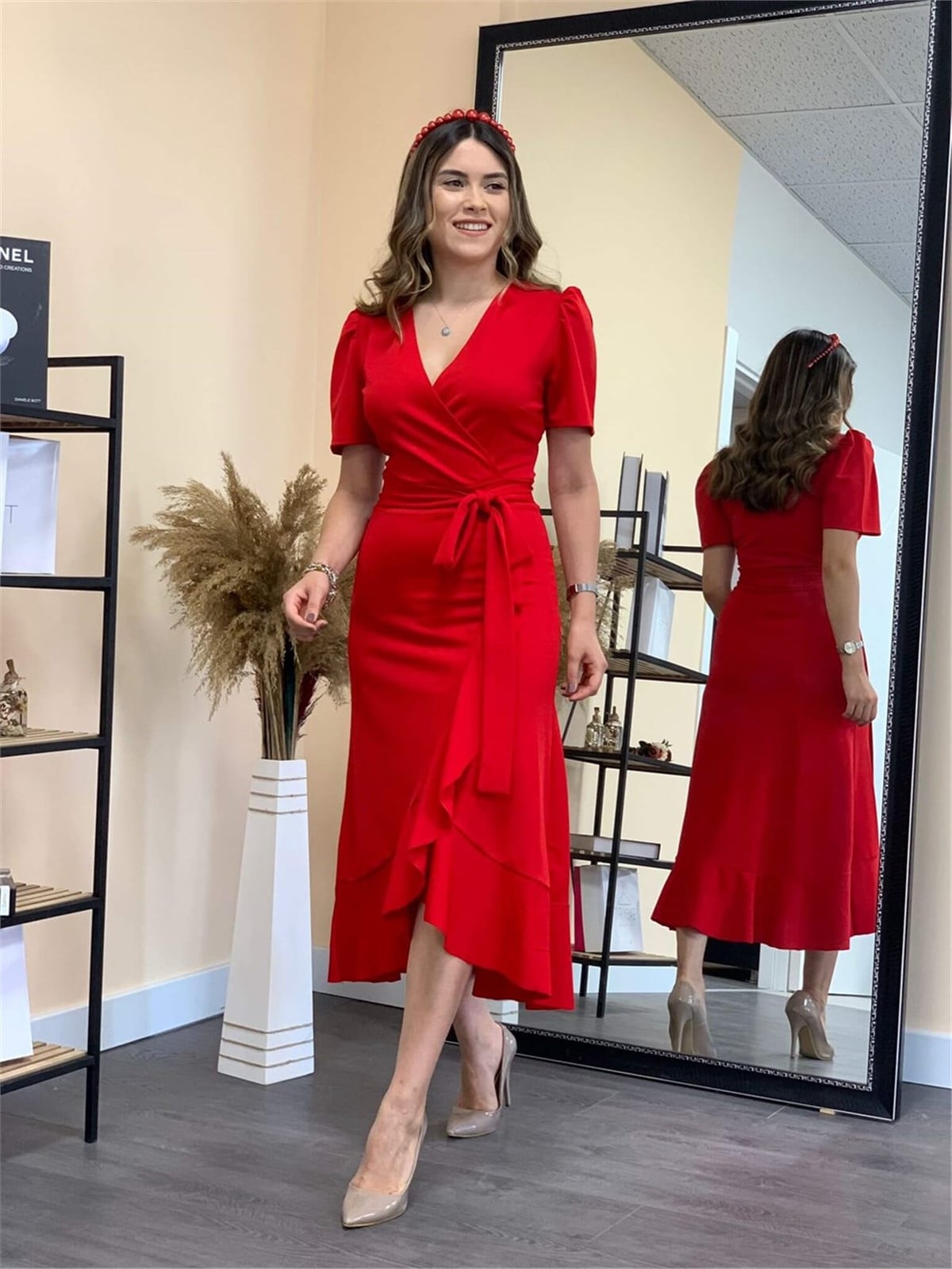 Crepe Fabric Midi Dress Red