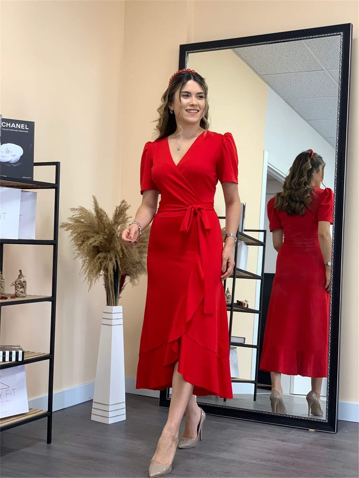 Crepe Fabric Midi Dress Red