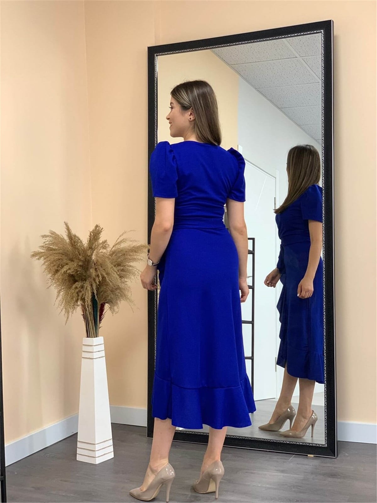 Crepe Fabric Midi Dress Sax Blue