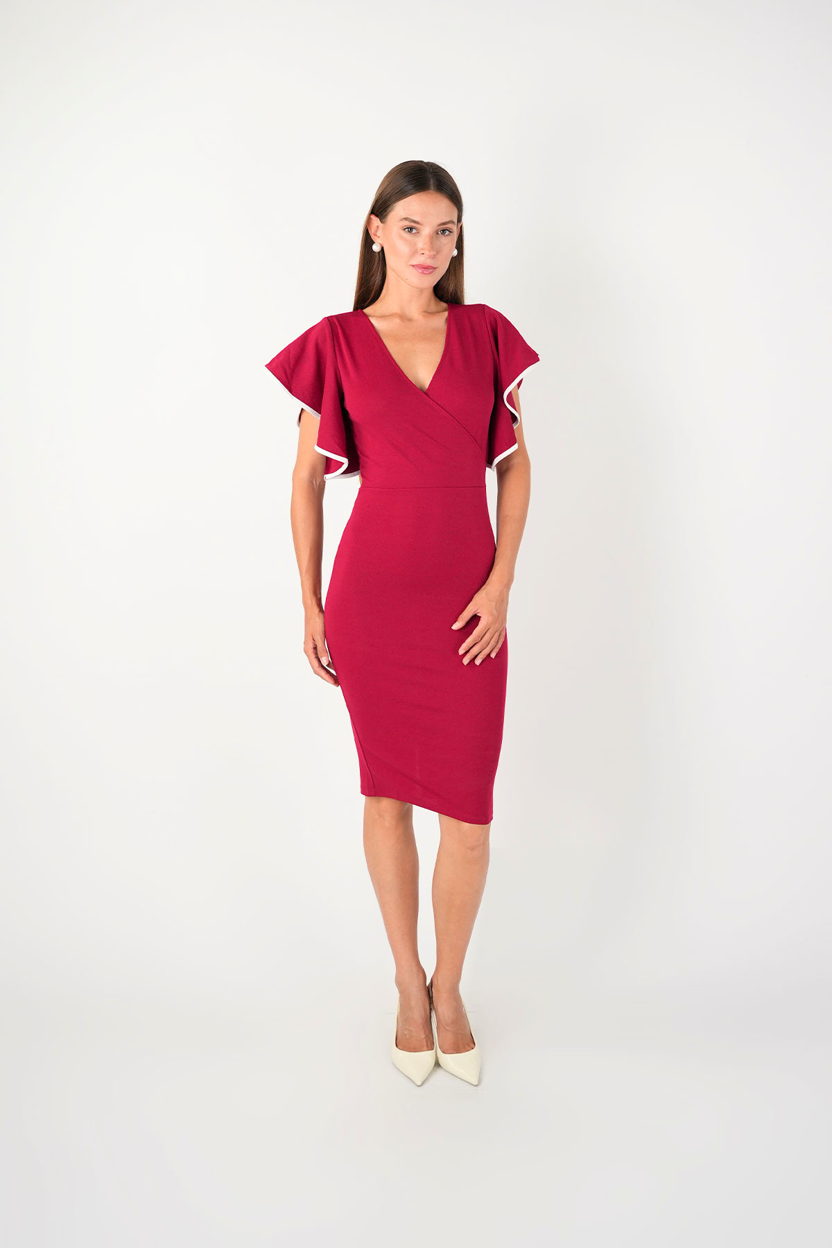 Crep Kumaş Volanlı Elbise - Bordo