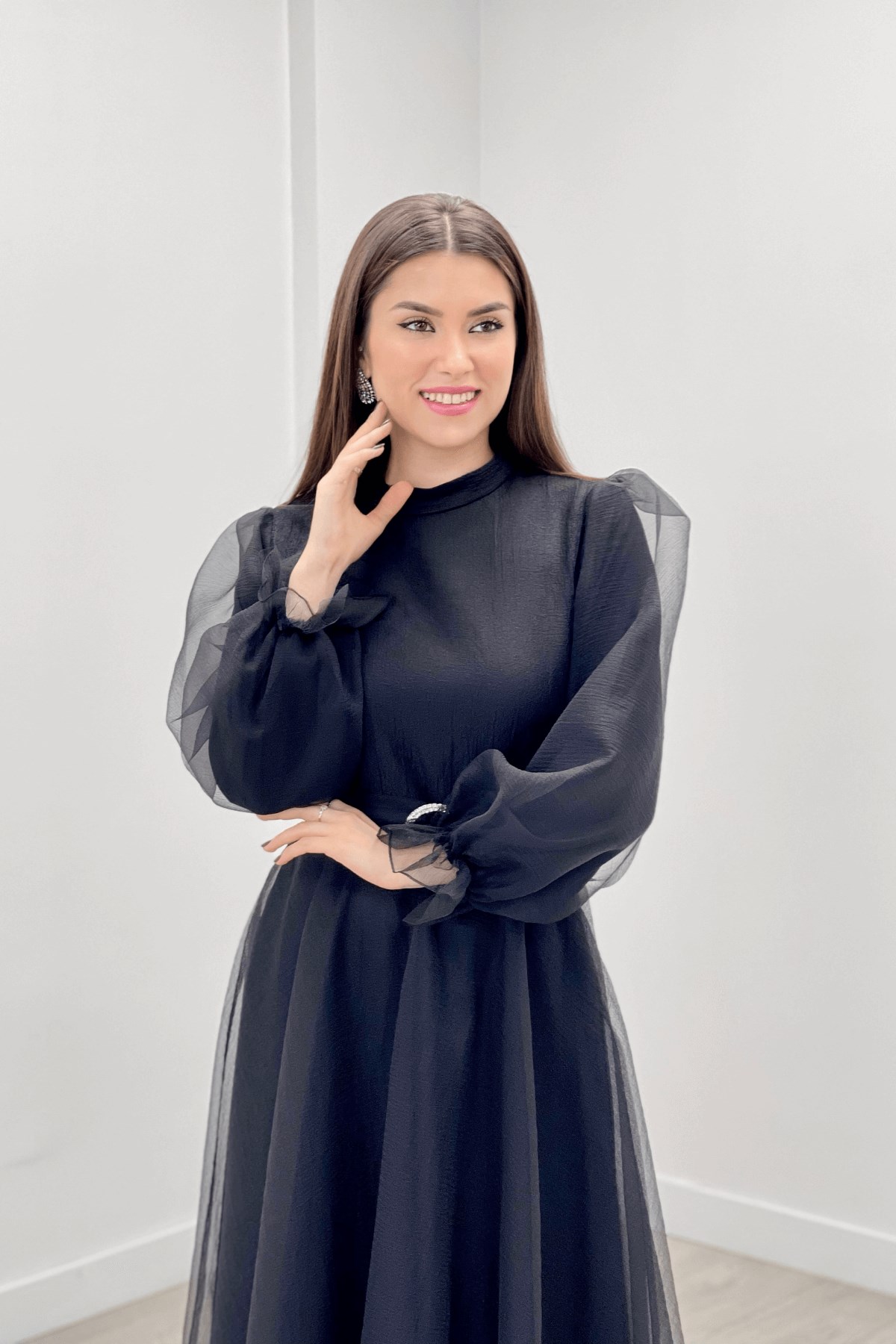 Dalya Organza Fabric Evening Dress - BLACK