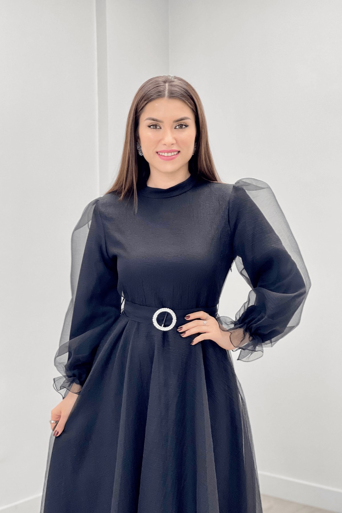 Dalya Organza Fabric Evening Dress - BLACK
