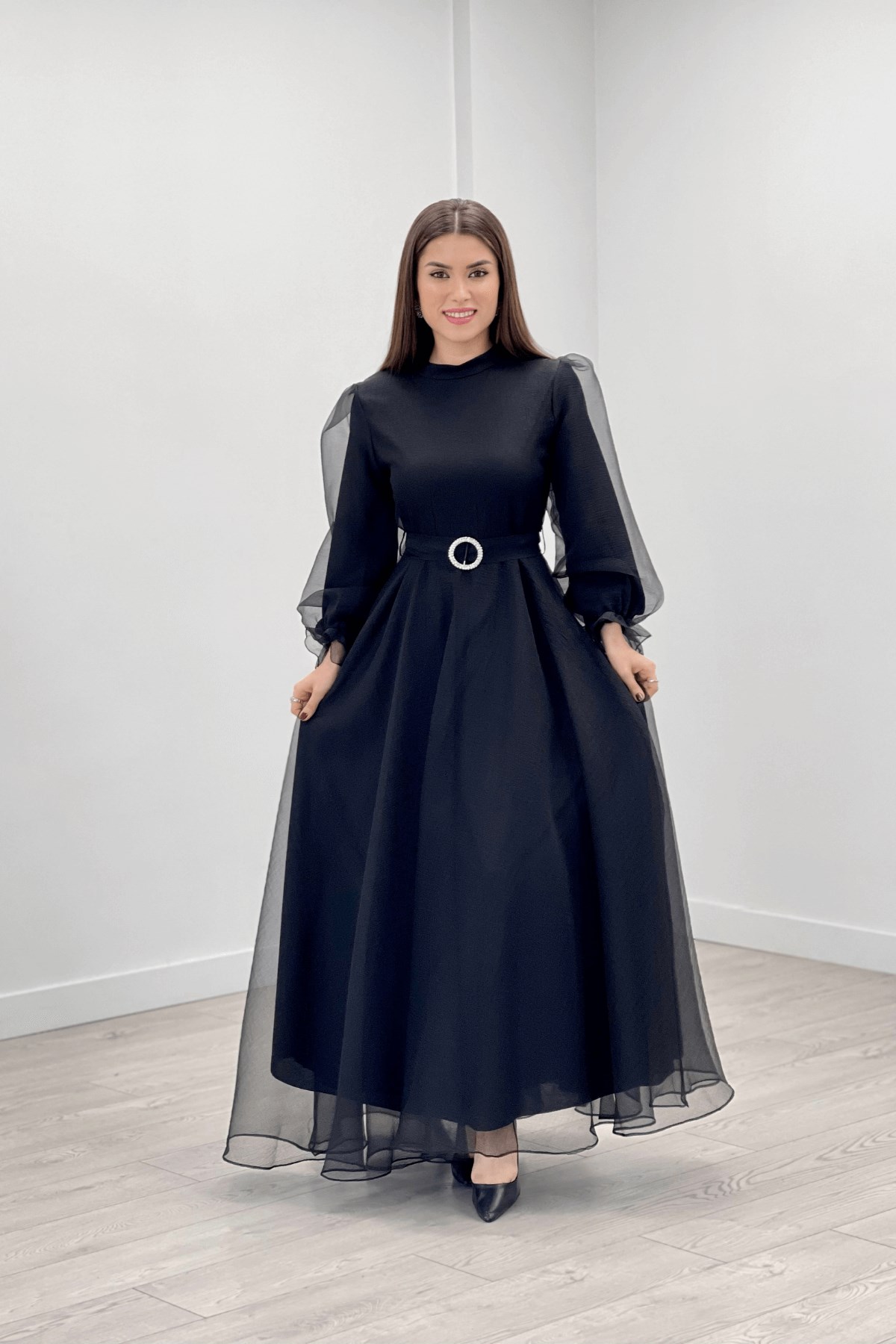 Dalya Organza Fabric Evening Dress - BLACK