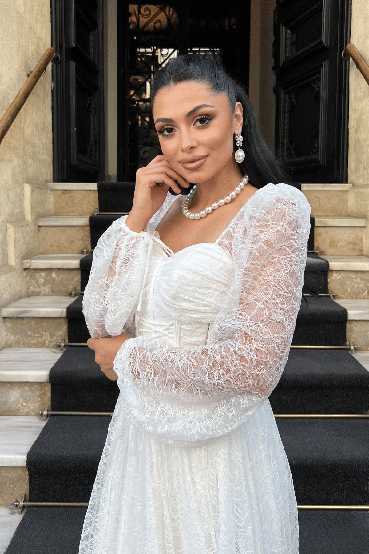 Dantel Kumaş Balen Detaylı Abiye Elbise - BEYAZ