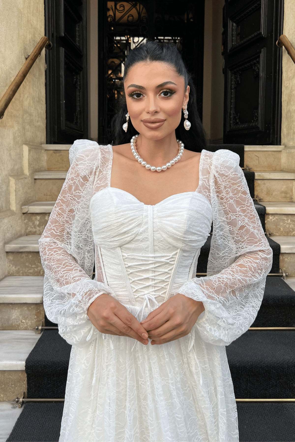 Dantel Kumaş Balen Detaylı Abiye Elbise - BEYAZ