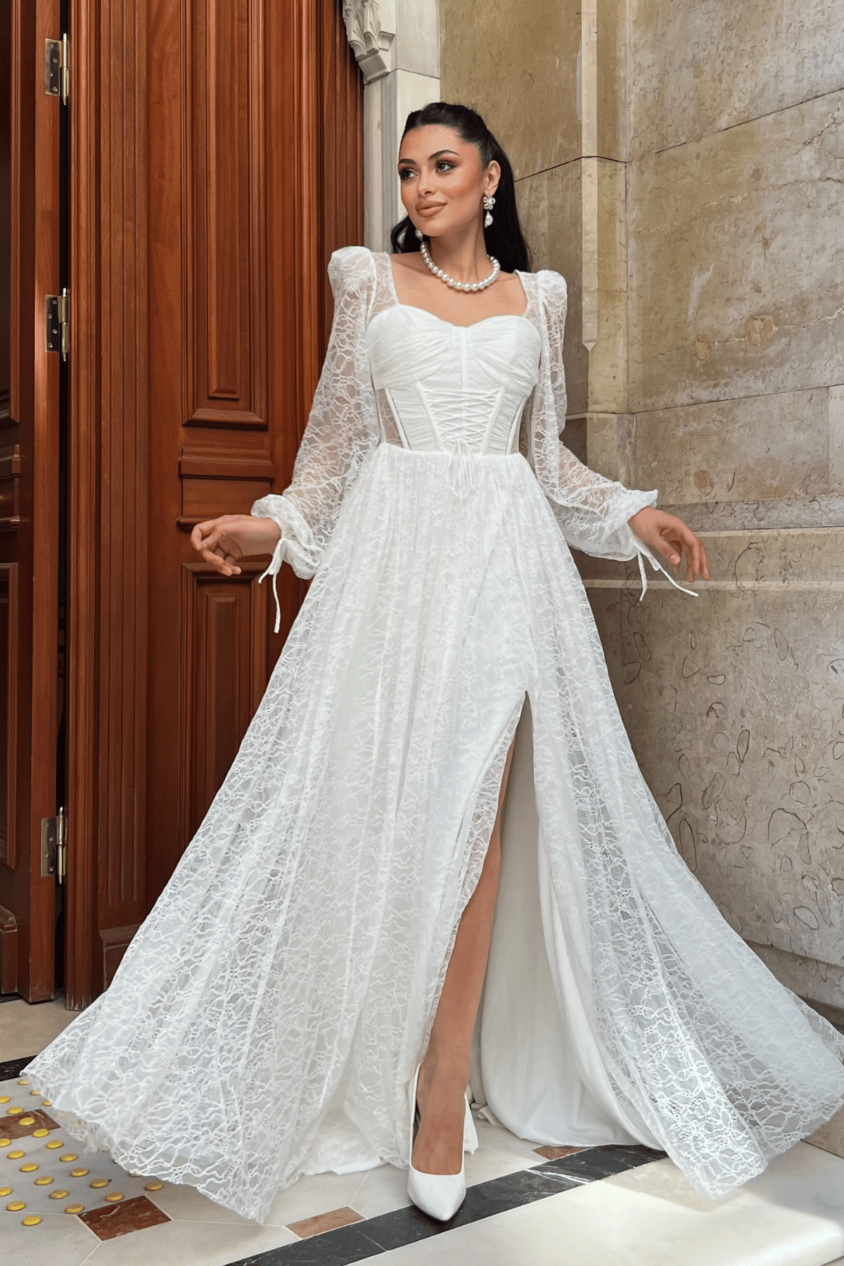 Dantel Kumaş Balen Detaylı Abiye Elbise - BEYAZ