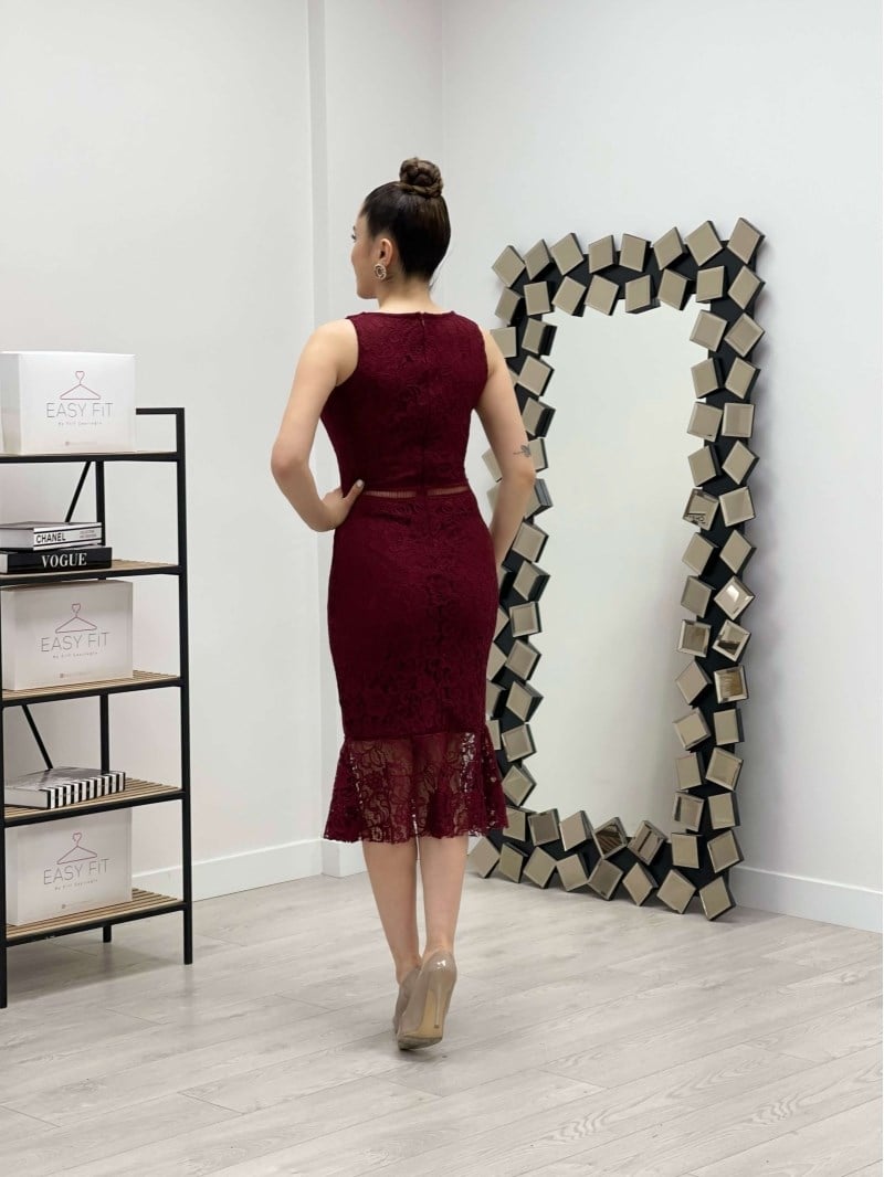 Dantel Kumaş Beli Motifli Elbise - BORDO
