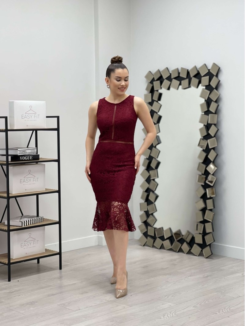 Dantel Kumaş Beli Motifli Elbise - BORDO