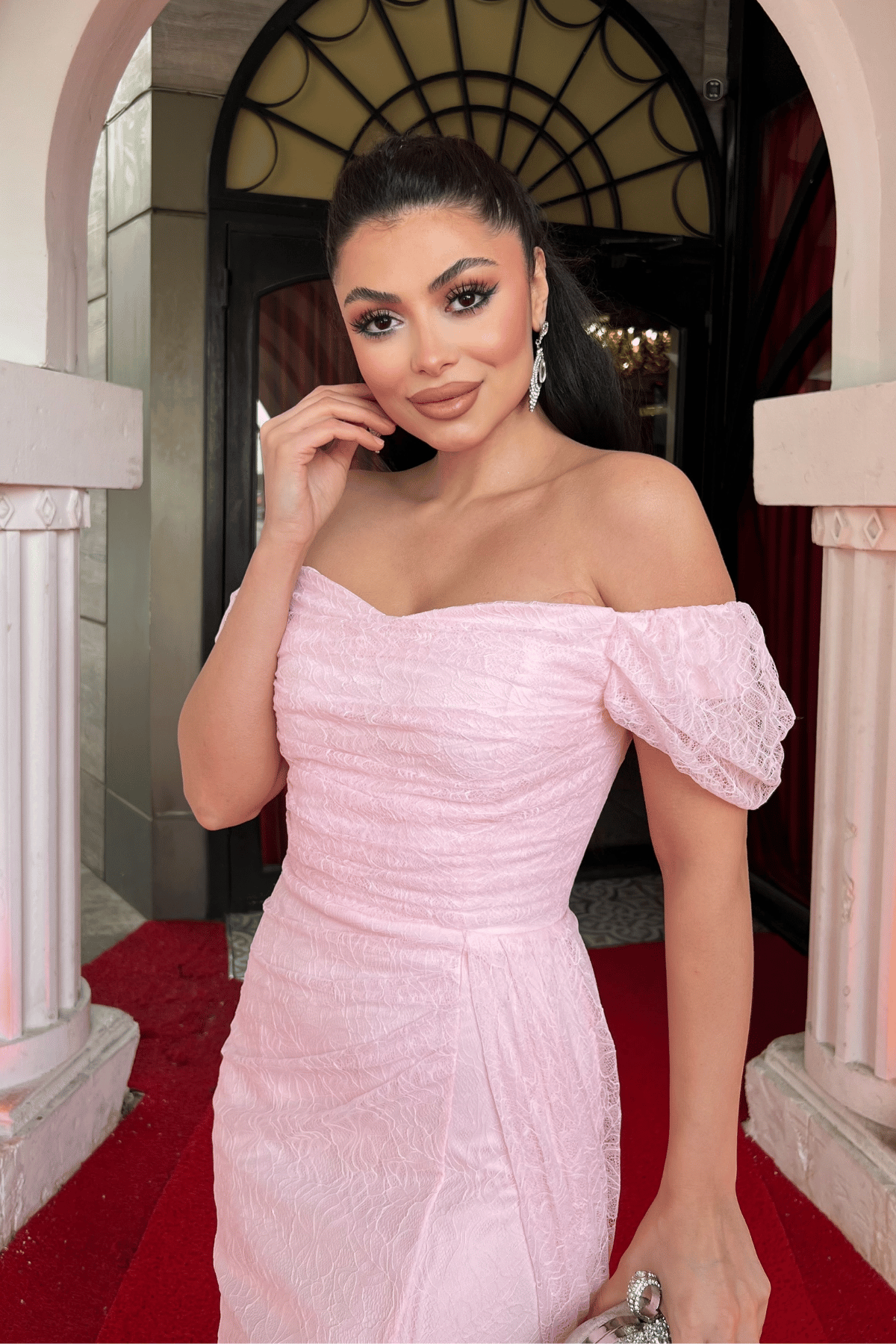 Dantel Kumaş Degaje Yaka Abiye Elbise - PEMBE