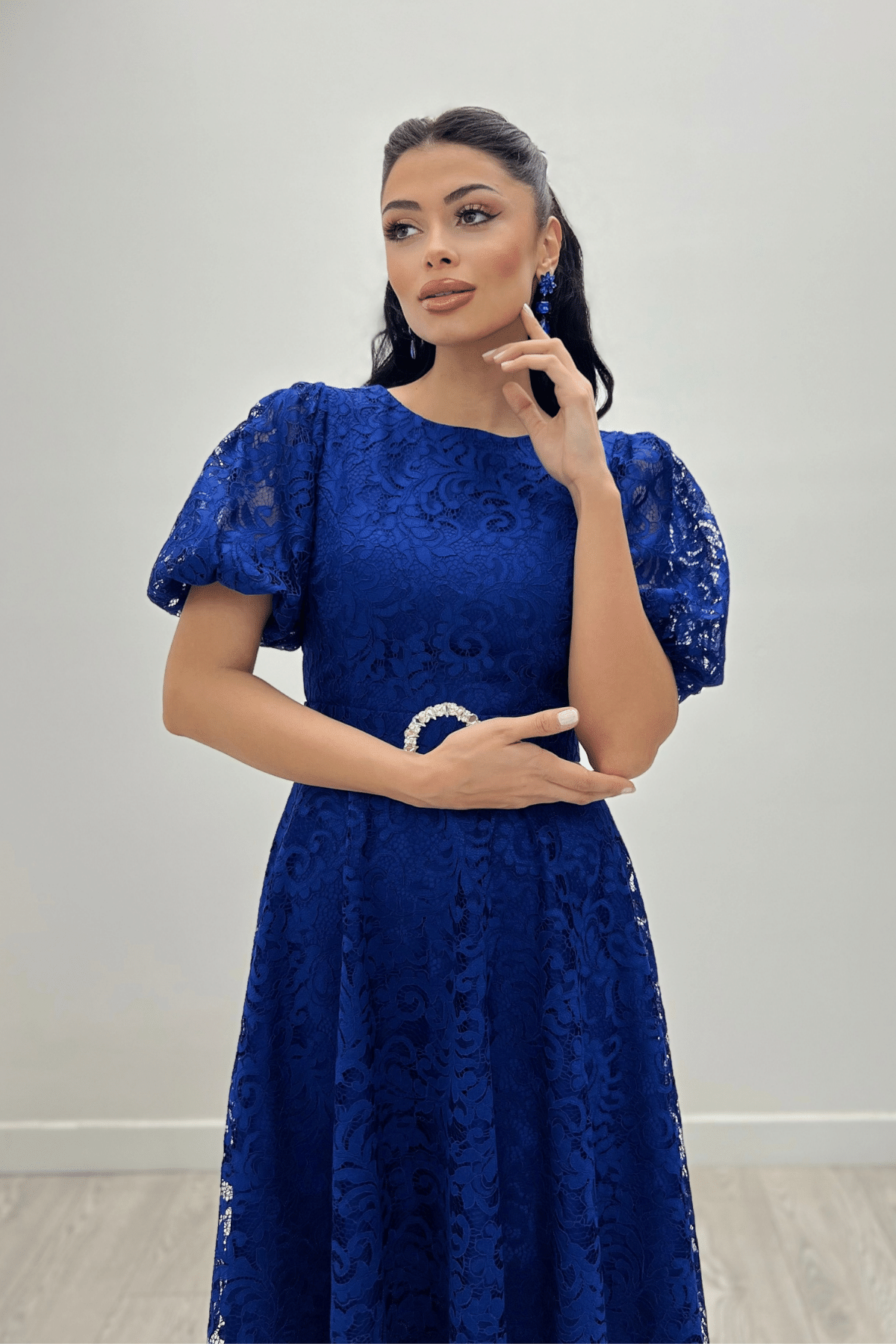Dantel Kumaş Kolları Balon Kol Maxi Elbise - SAKS MAVİ
