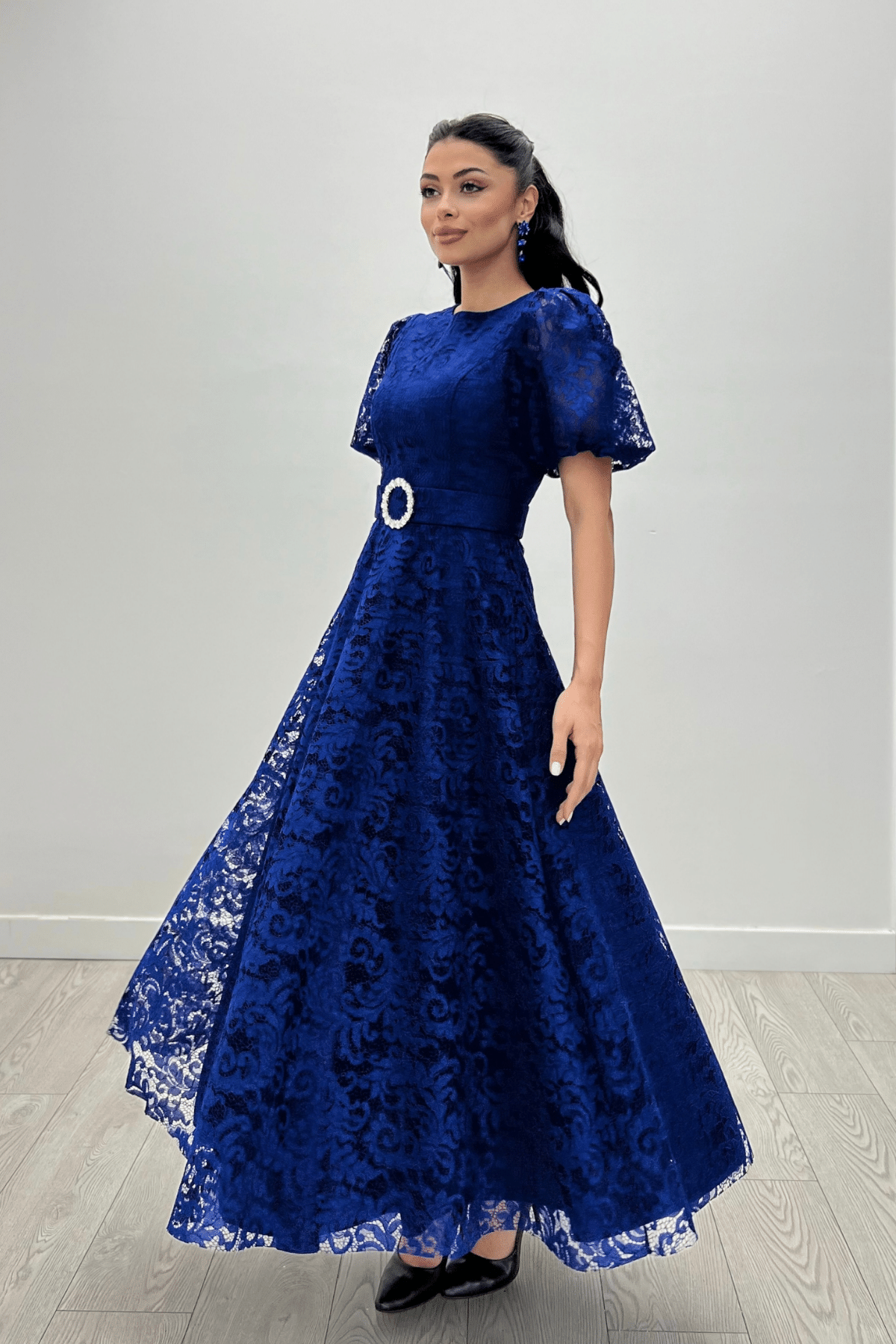 Dantel Kumaş Kolları Balon Kol Maxi Elbise - SAKS MAVİ
