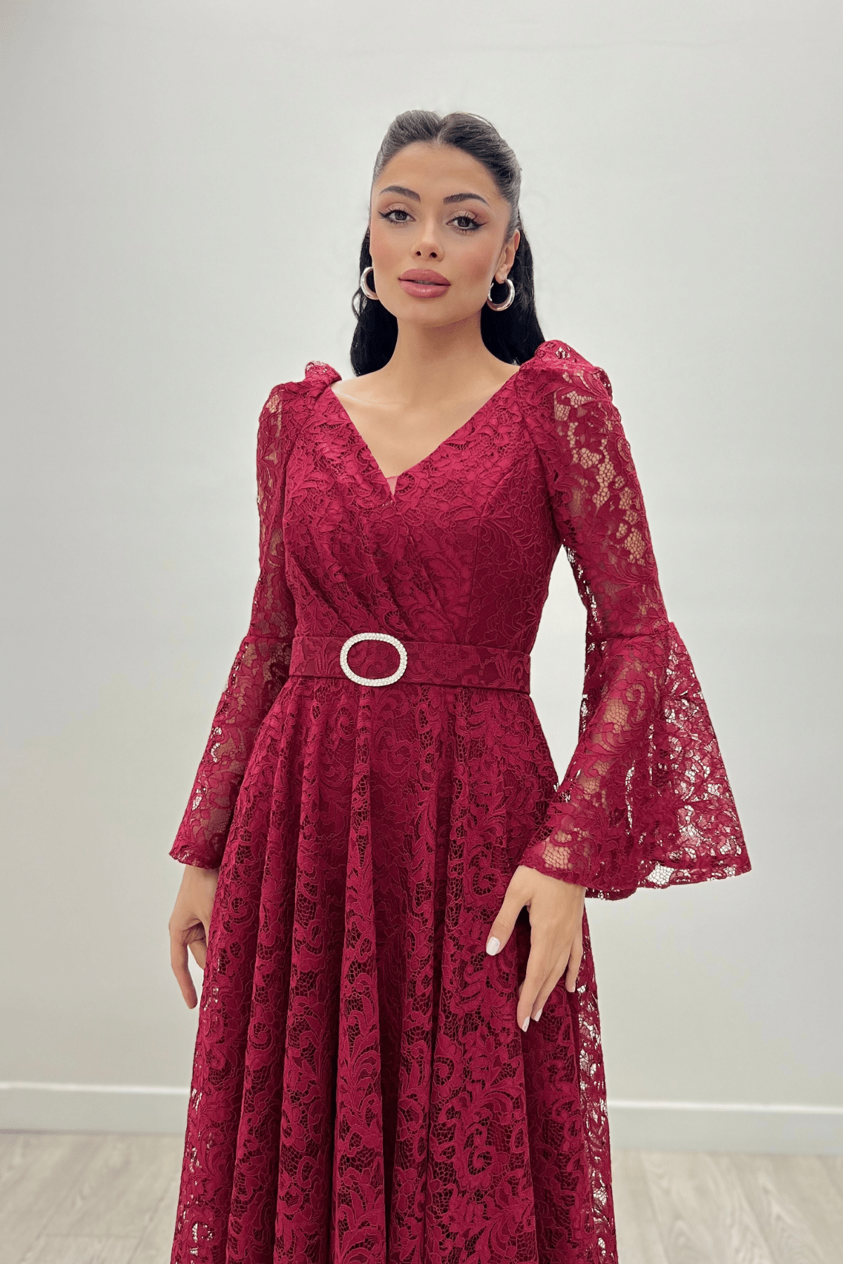 Dantel Kumaş Kolları Volan Detaylı - BORDO
