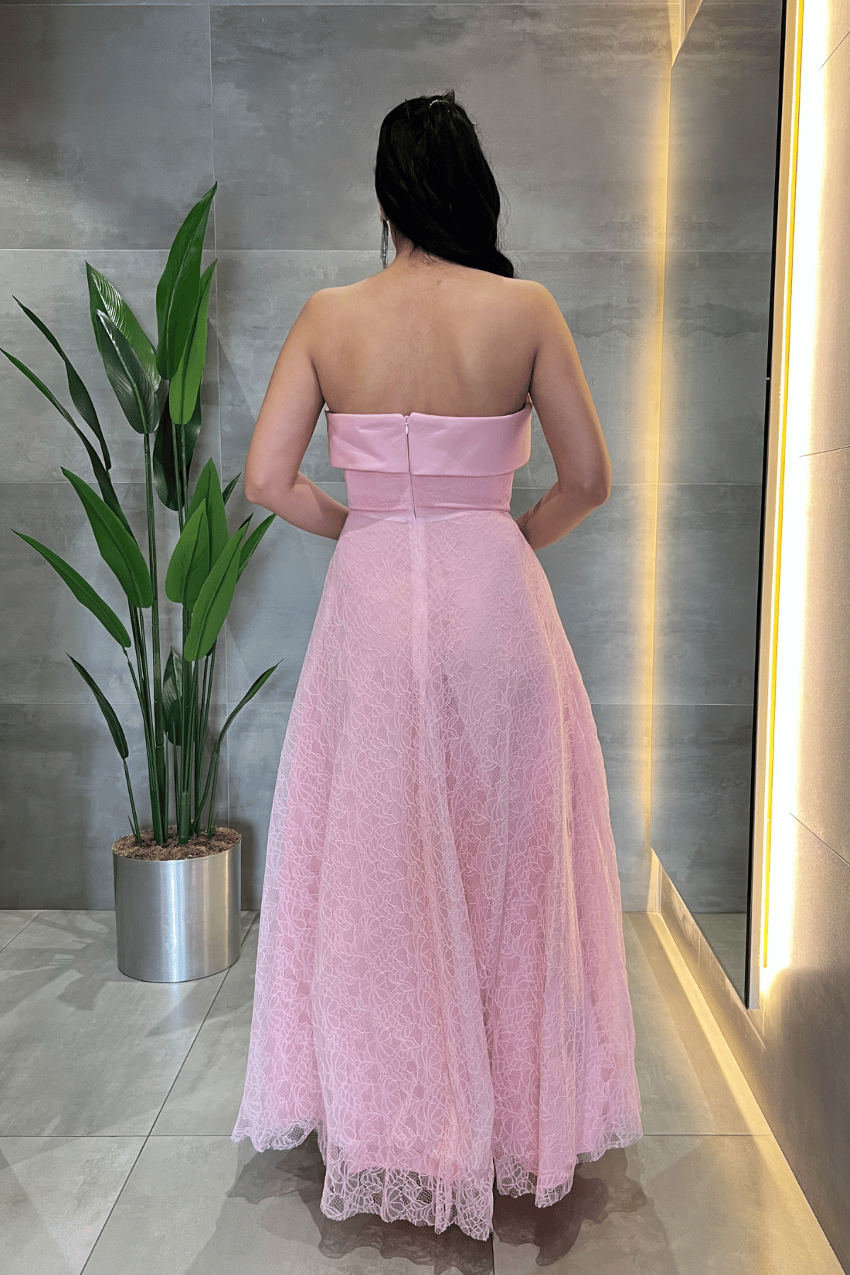 Dantel Kumaş Straplez Elbise - PEMBE