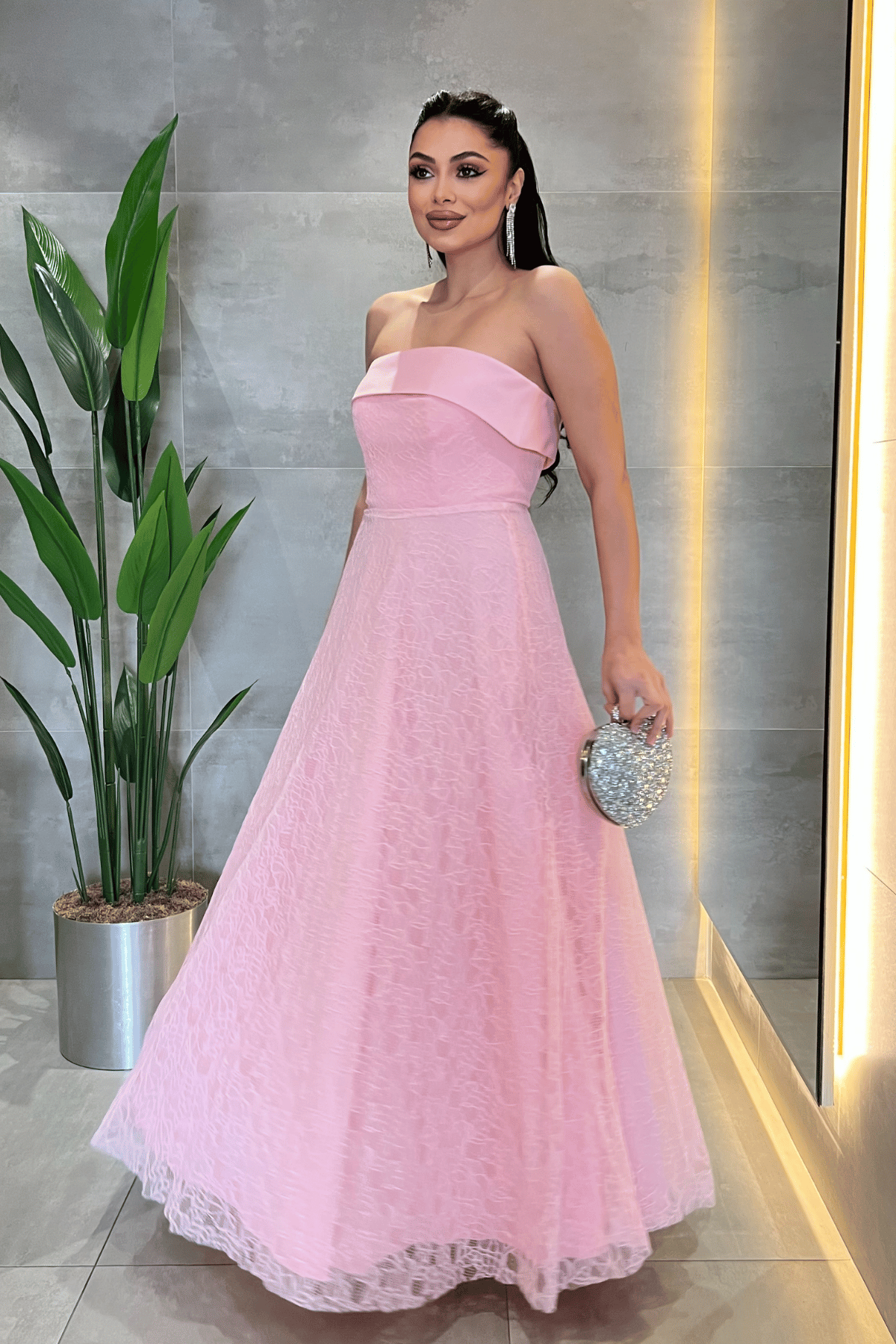Dantel Kumaş Straplez Elbise - PEMBE