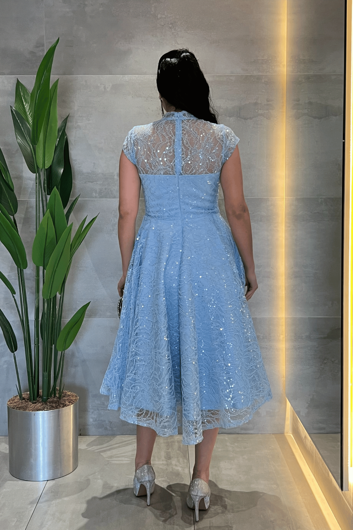 Dantel Payet Kumaş Midi Elbise - BEBE MAVİSİ