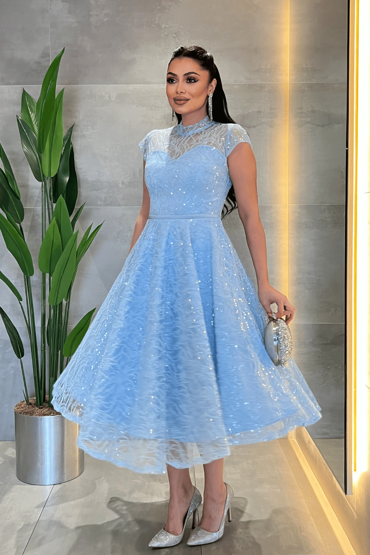Dantel Payet Kumaş Midi Elbise - BEBE MAVİSİ