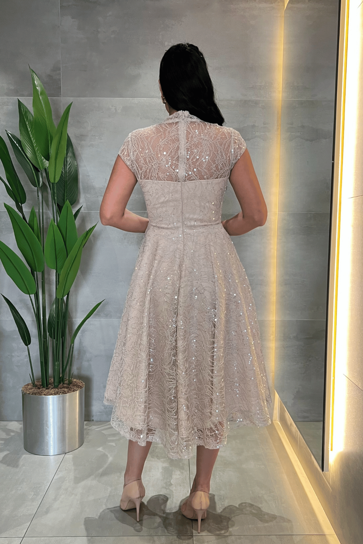 Dantel Payet Kumaş Midi Elbise - BEJ