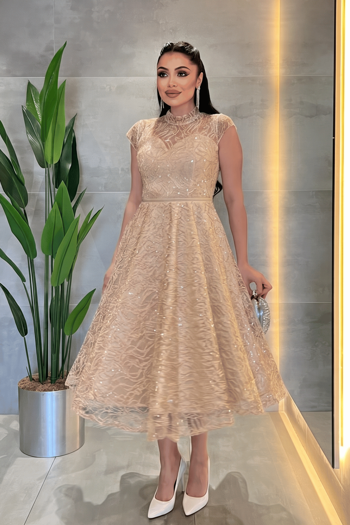 Dantel Payet Kumaş Midi Elbise - BEJ