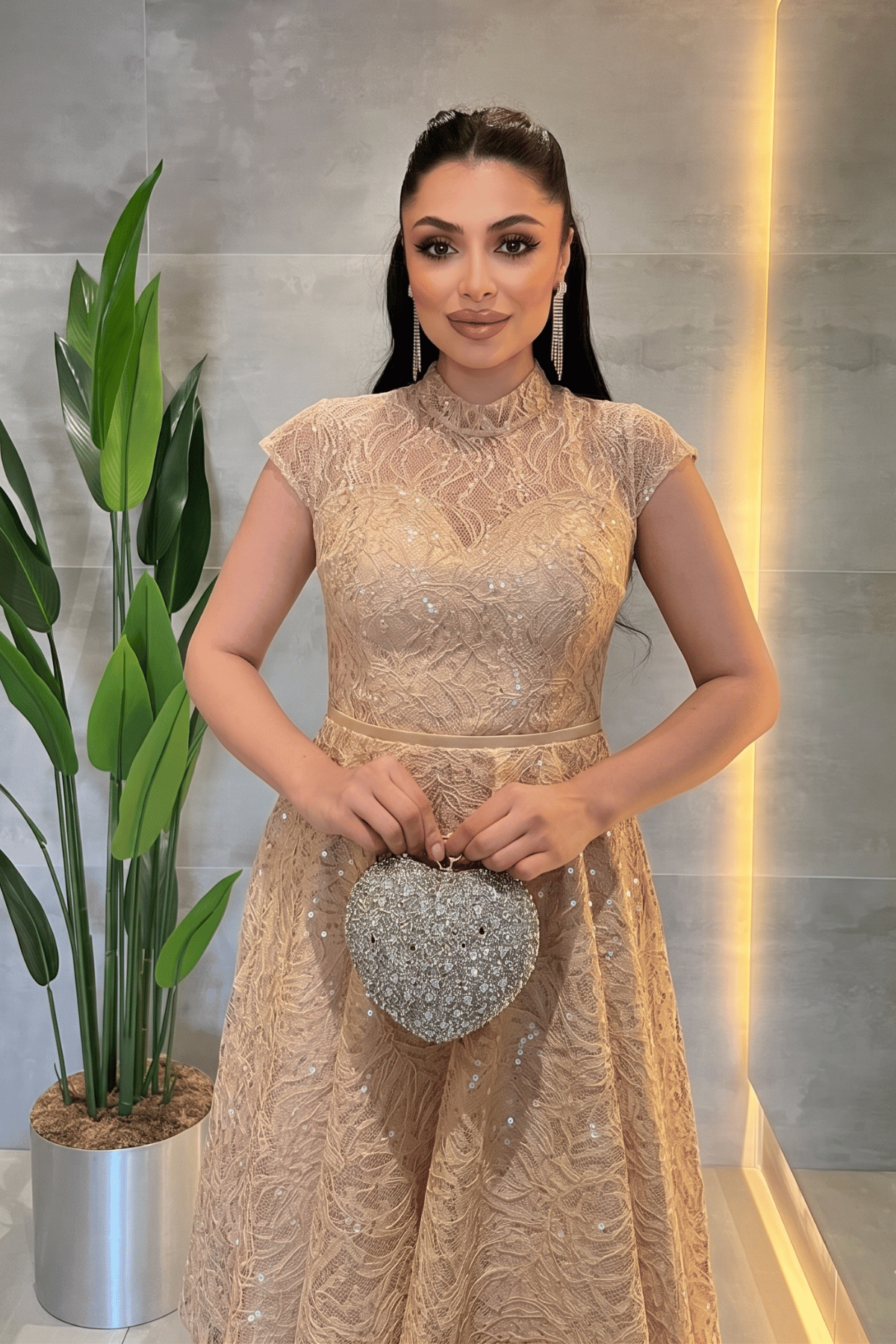 Dantel Payet Kumaş Midi Elbise - BEJ