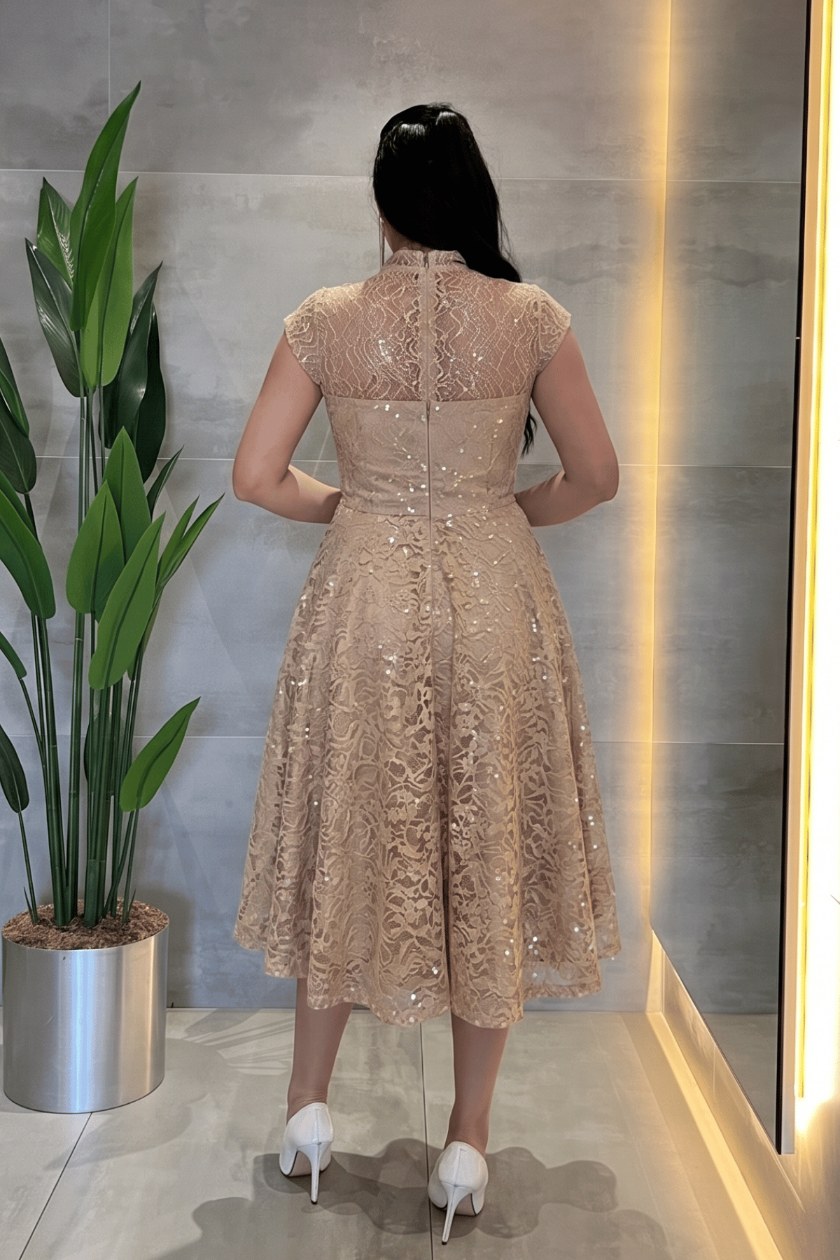 Dantel Payet Kumaş Midi Elbise - BEJ