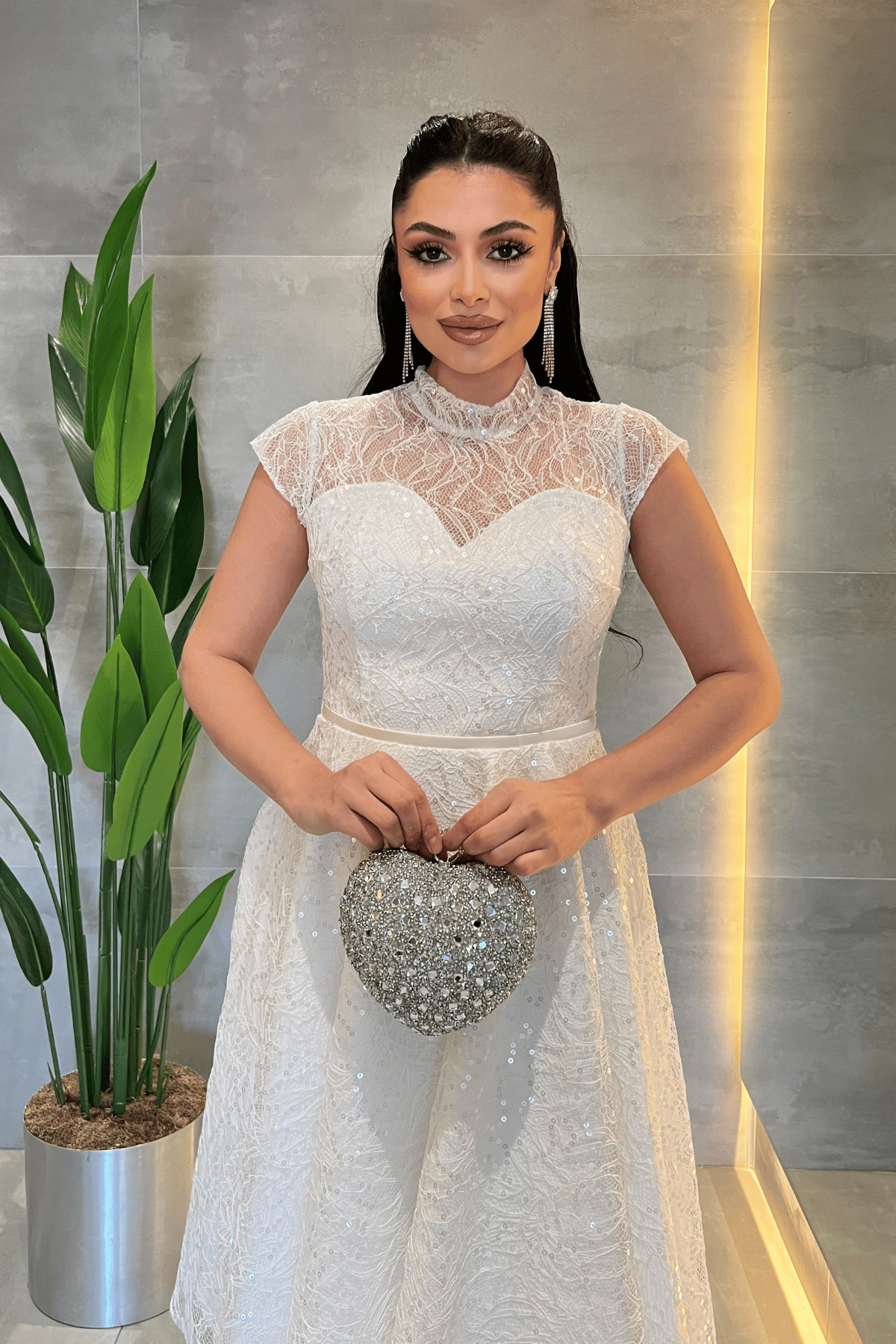Dantel Payet Kumaş Midi Elbise - BEYAZ