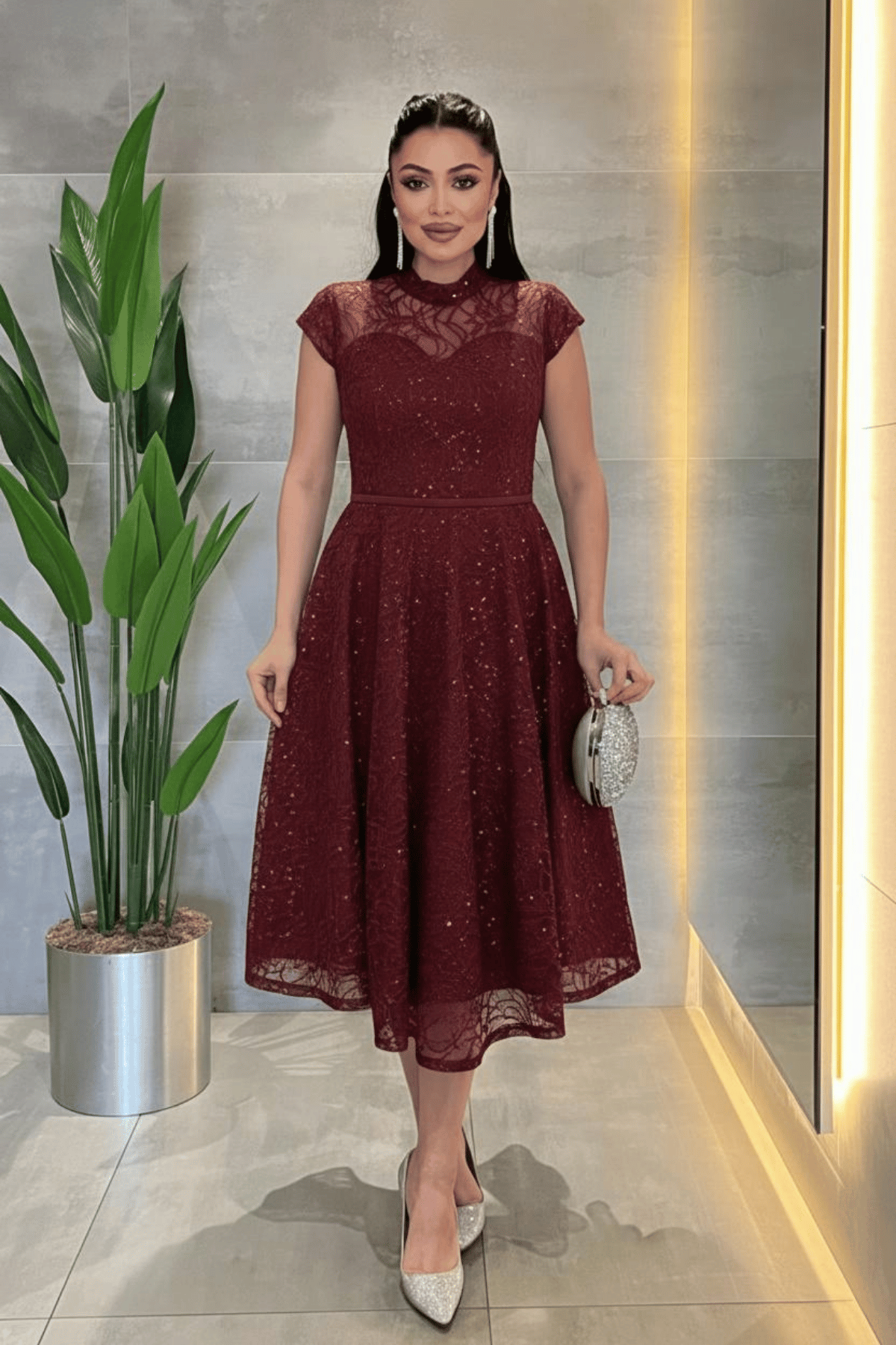 Dantel Payet Kumaş Midi Elbise - BORDO