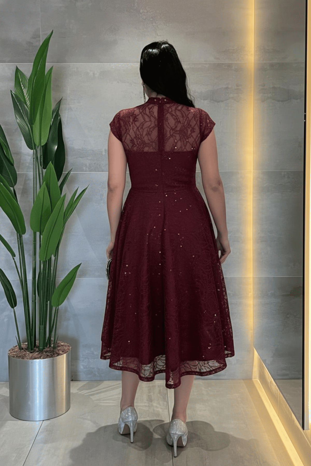 Dantel Payet Kumaş Midi Elbise - BORDO