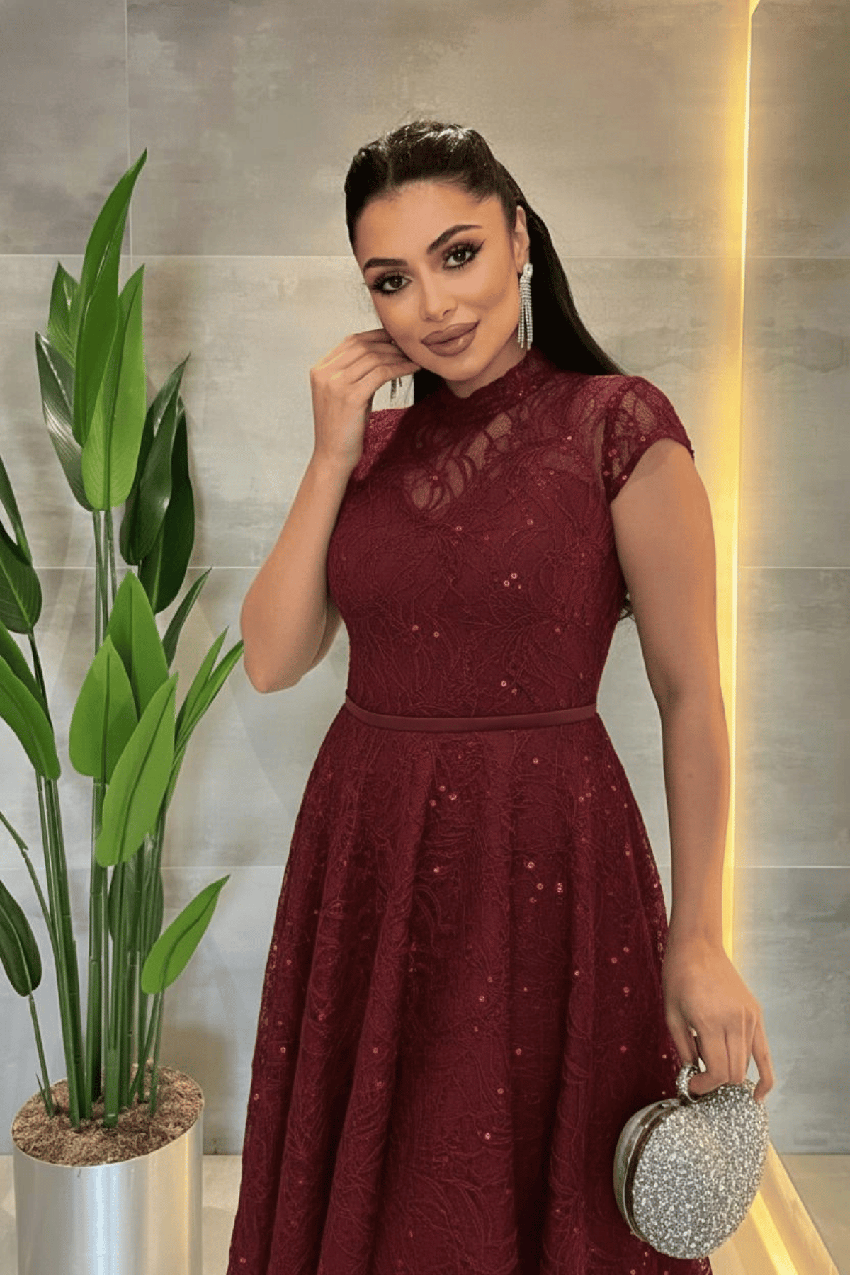 Dantel Payet Kumaş Midi Elbise - BORDO