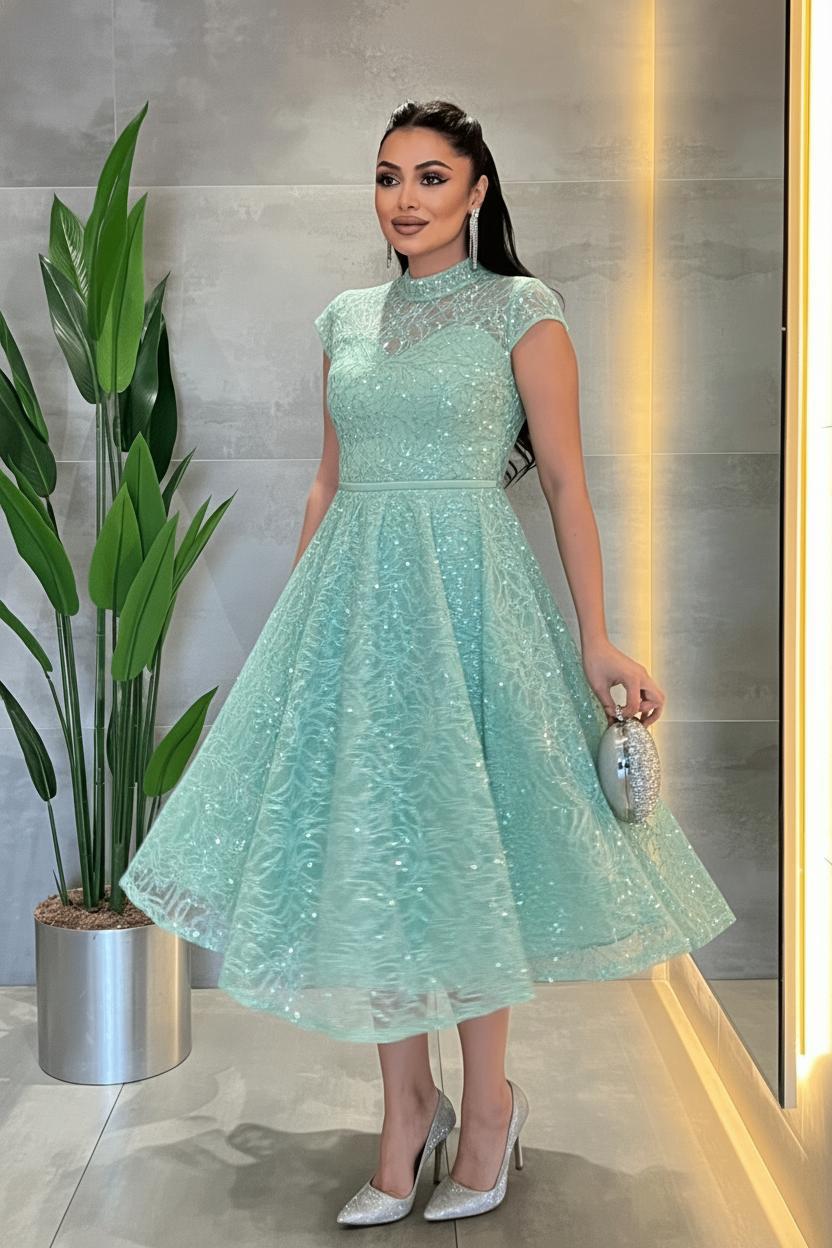 Dantel Payet Kumaş Midi Elbise - MİNT YEŞİLİ