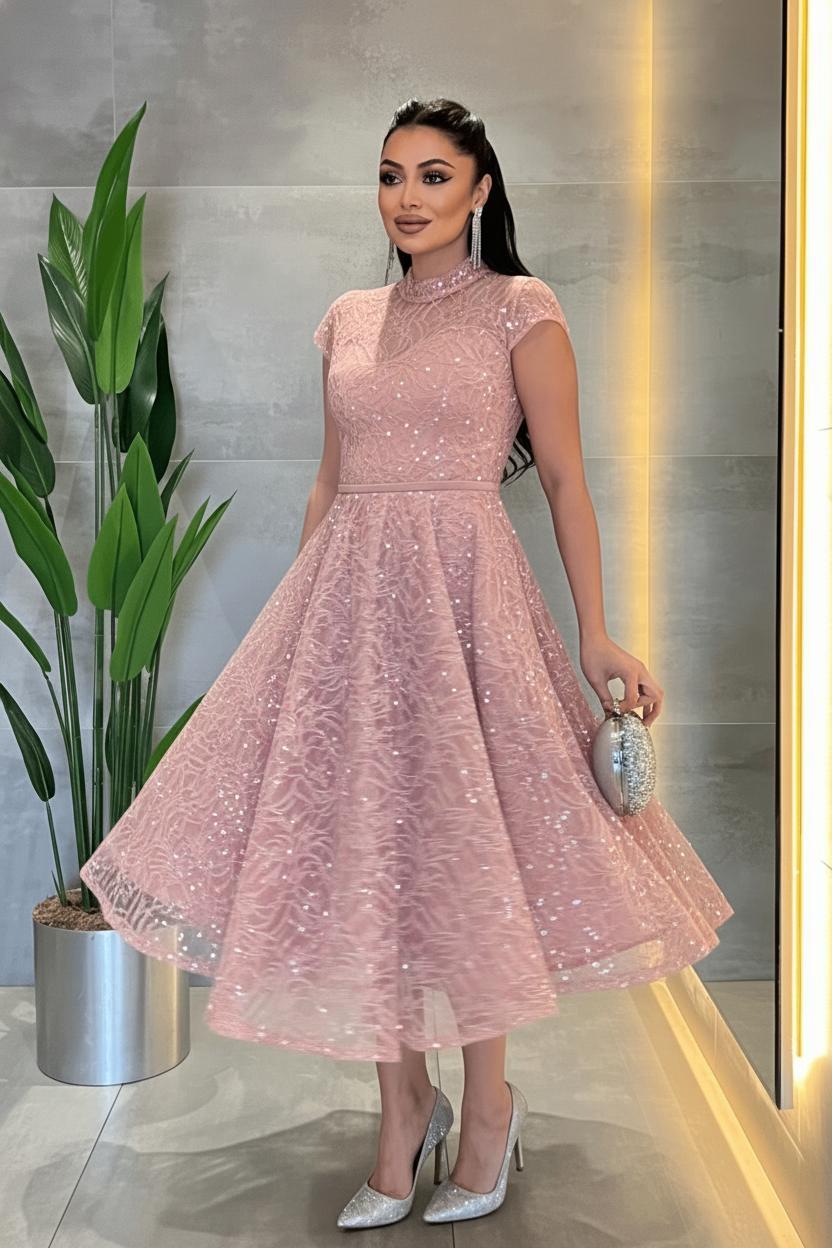 Dantel Payet Kumaş Midi Elbise - PUDRA