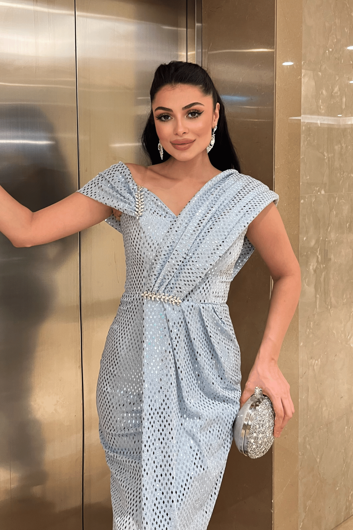 Desenli Payet Kumaş Tasarım Elbise - BEBE MAVİSİ