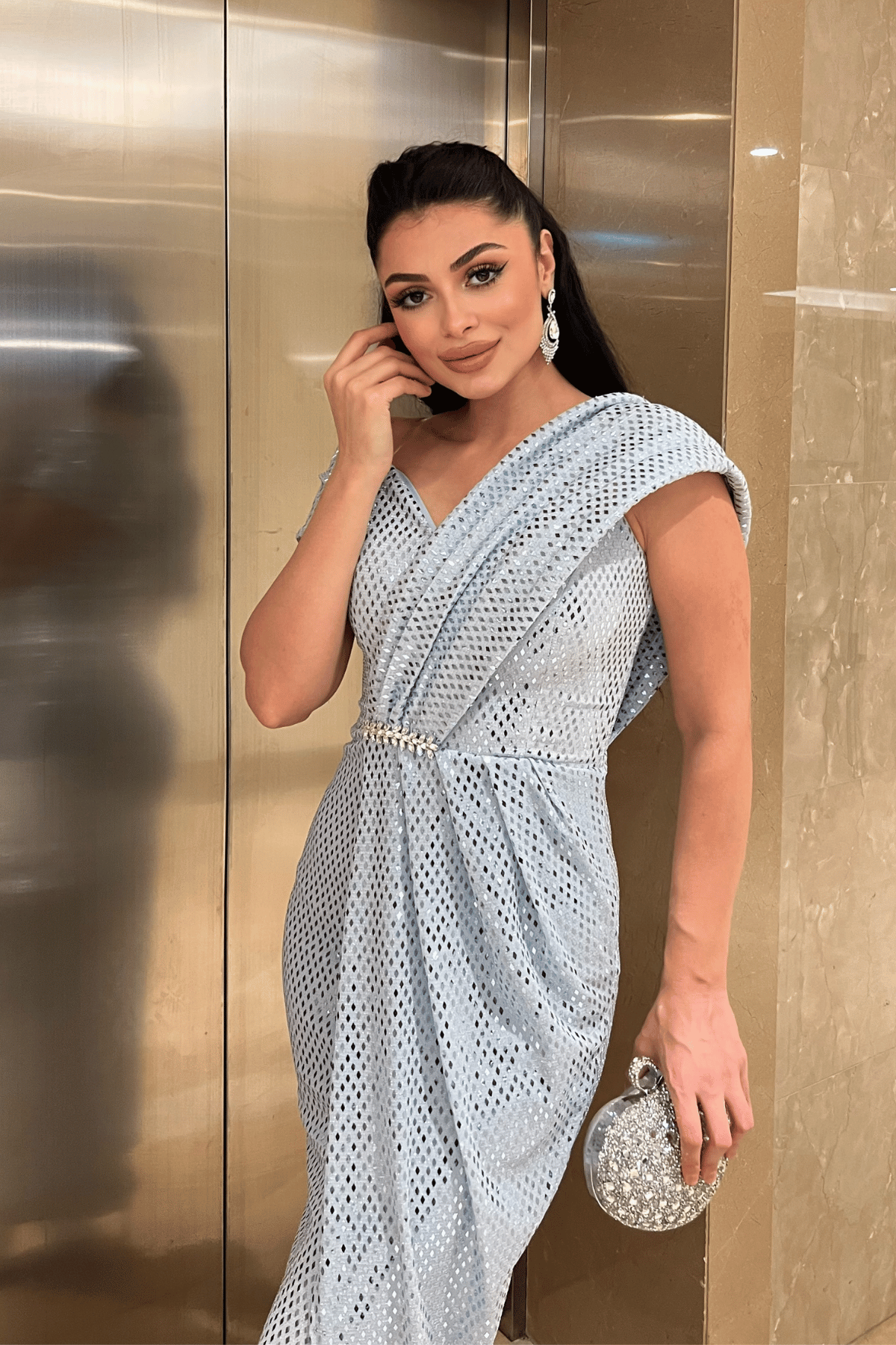 Desenli Payet Kumaş Tasarım Elbise - BEBE MAVİSİ