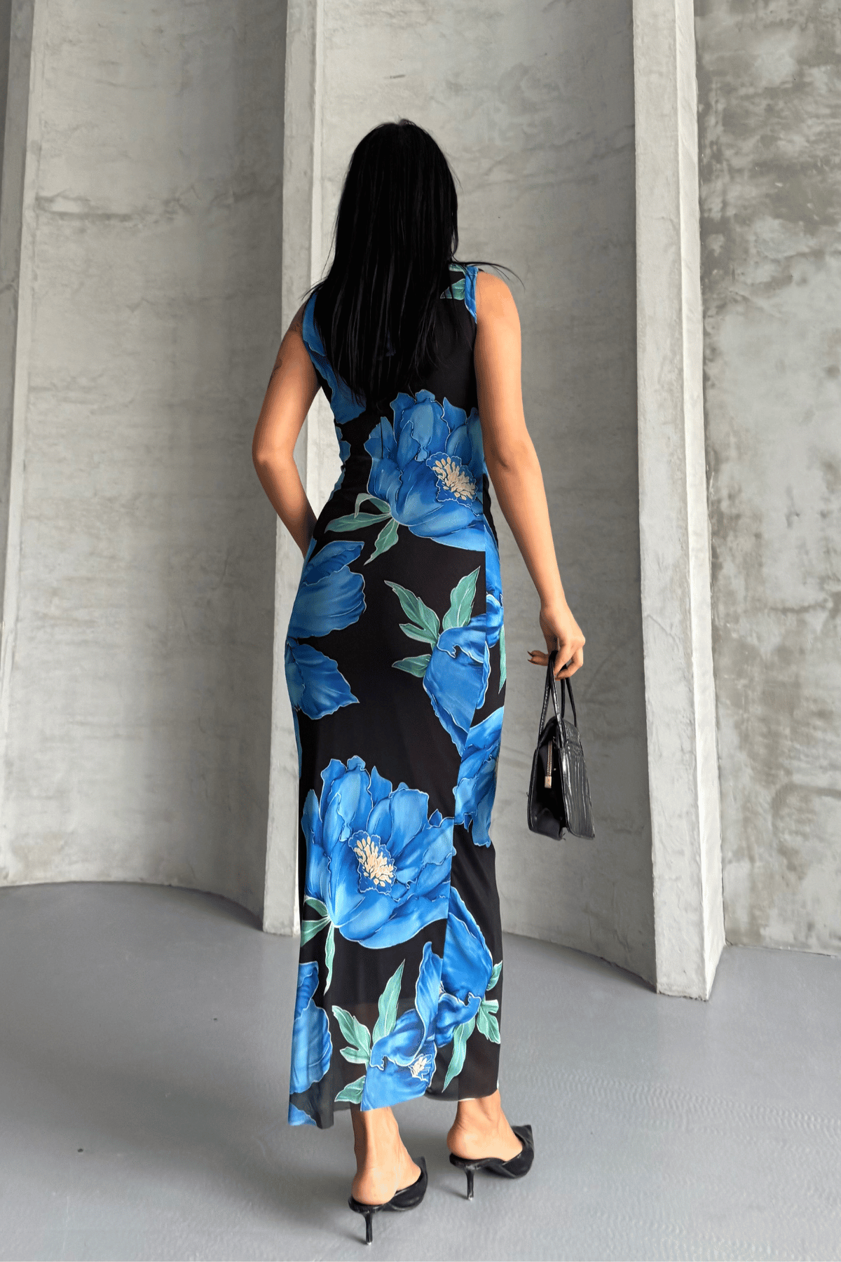 Dijital Baskı Tül Elbise - MAVİ