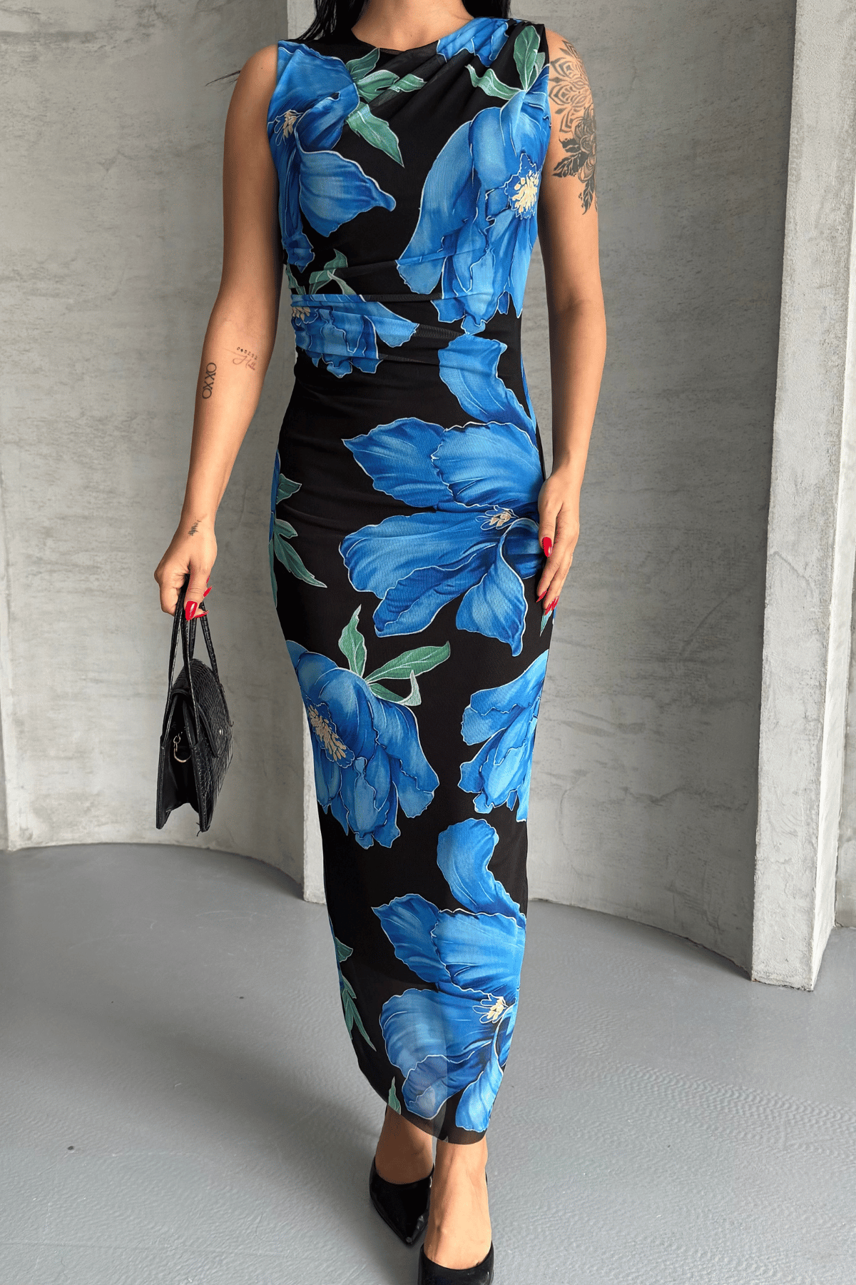 Dijital Baskı Tül Elbise - MAVİ