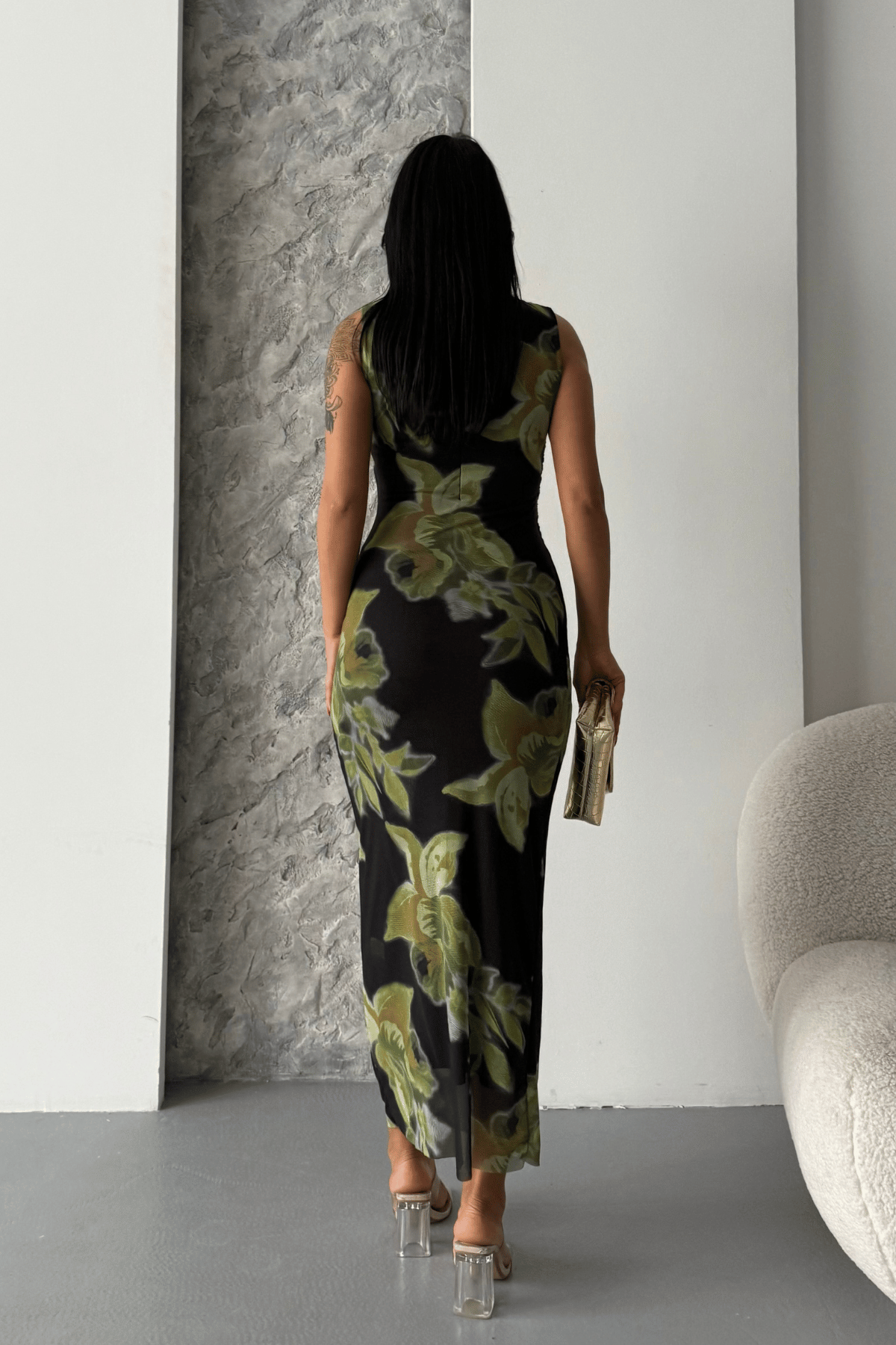 Dijital Baskı Tül Elbise - YEŞİL/SİYAH