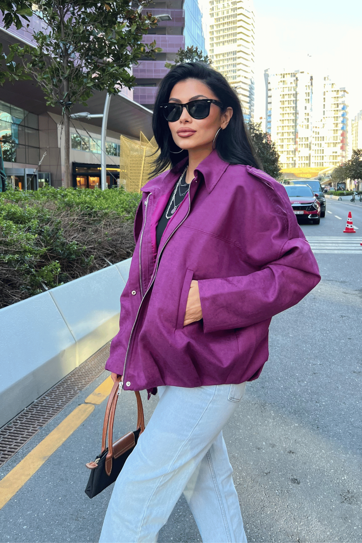 Dokuma Süet Kumaş Apoletli Bomber Ceket - MÜRDÜM